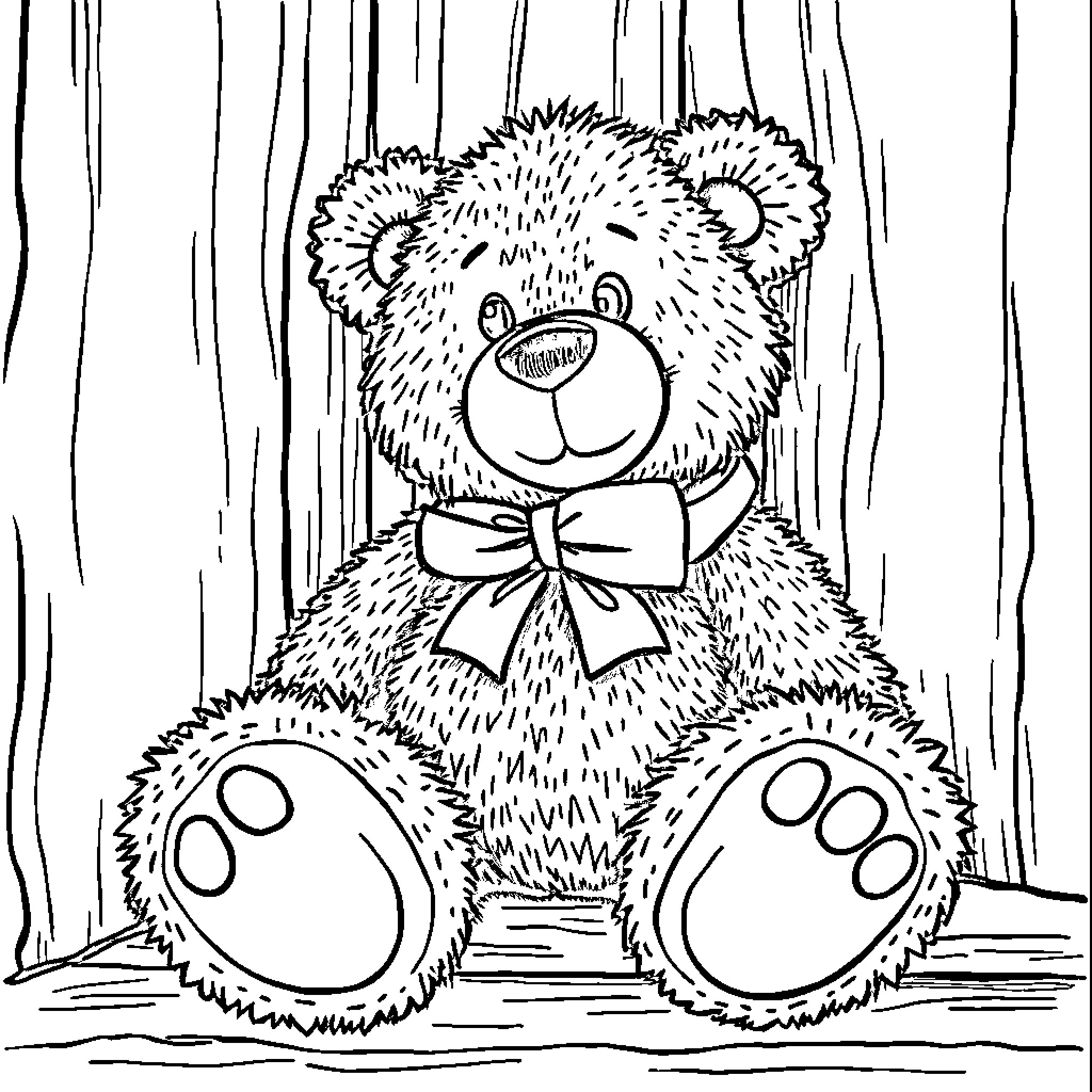 Bear with a Bow Sitting Peacefully Coloring Page (free black-and-white line drawing printable PDF for all, from beginners to advanced learners, including children, teens, adults, and seniors)