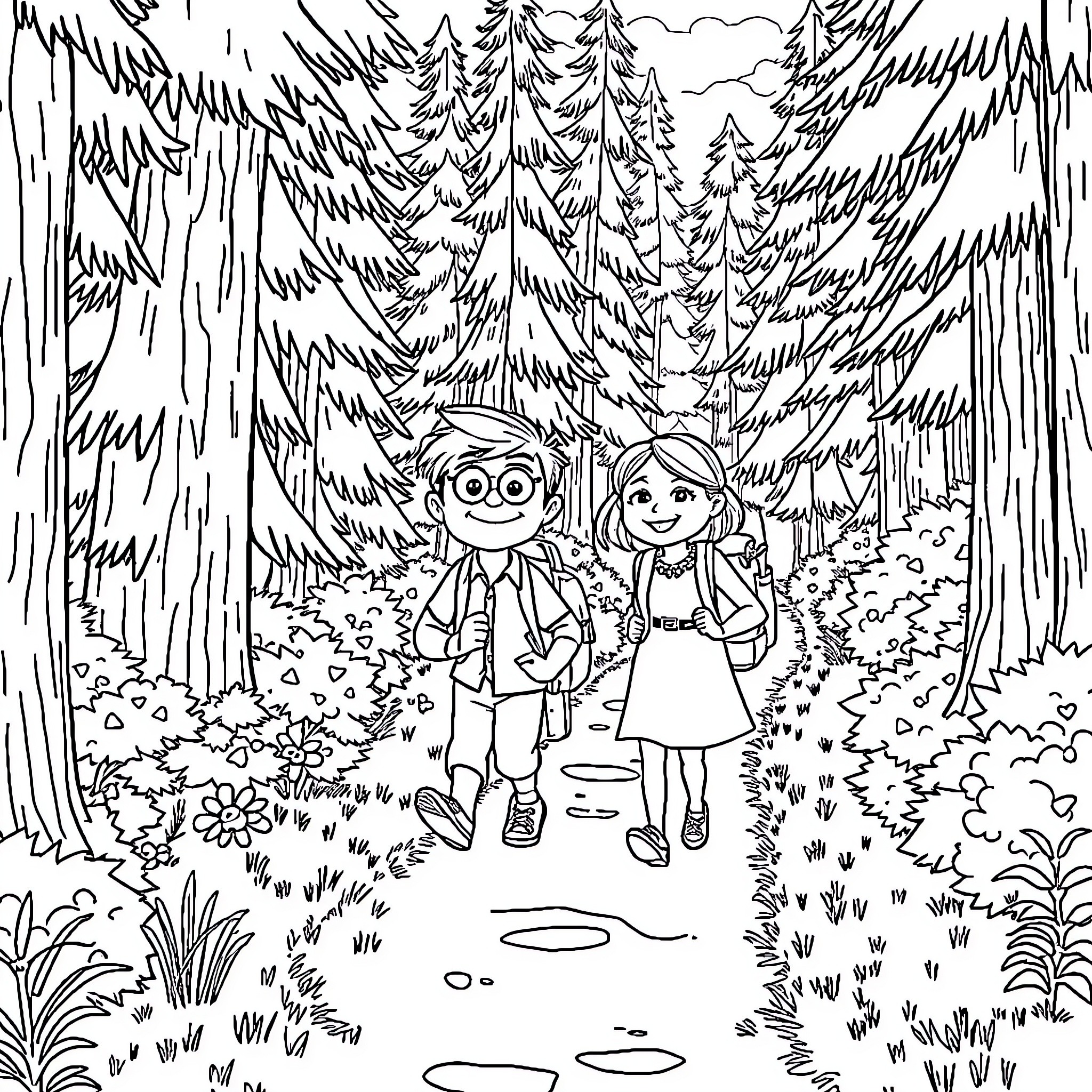 Carl and Ellie's Woodland Adventure Coloring Page (free black-and-white line drawing printable PDF for all, from beginners to advanced learners, including children, teens, adults, and seniors)