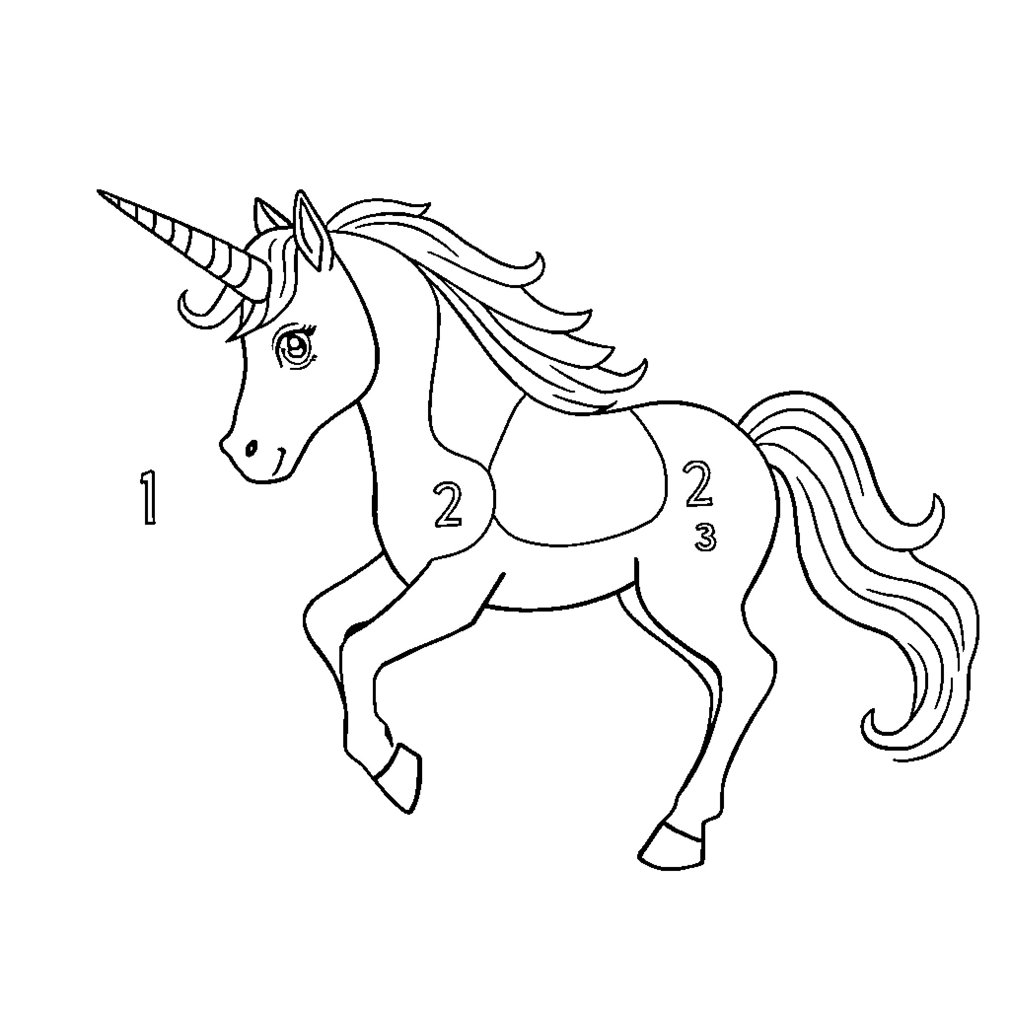 Unicorn Following Numbered Shapes Coloring Page (free black-and-white line drawing printable PDF for all, from beginners to advanced learners, including children, teens, adults, and seniors)