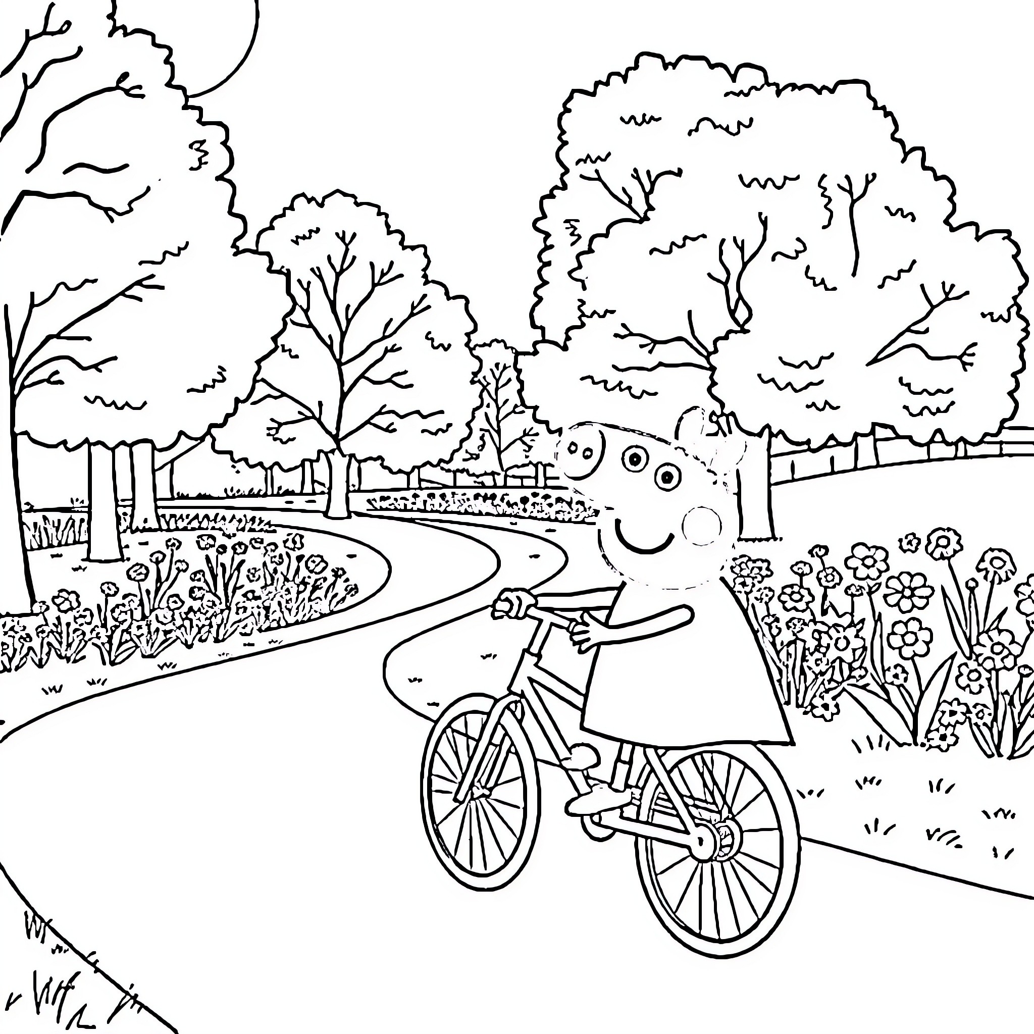 Peppa Pig enjoying a bike ride through the park Coloring Page (free black-and-white line drawing printable PDF for all, from beginners to advanced learners, including children, teens, adults, and seniors)