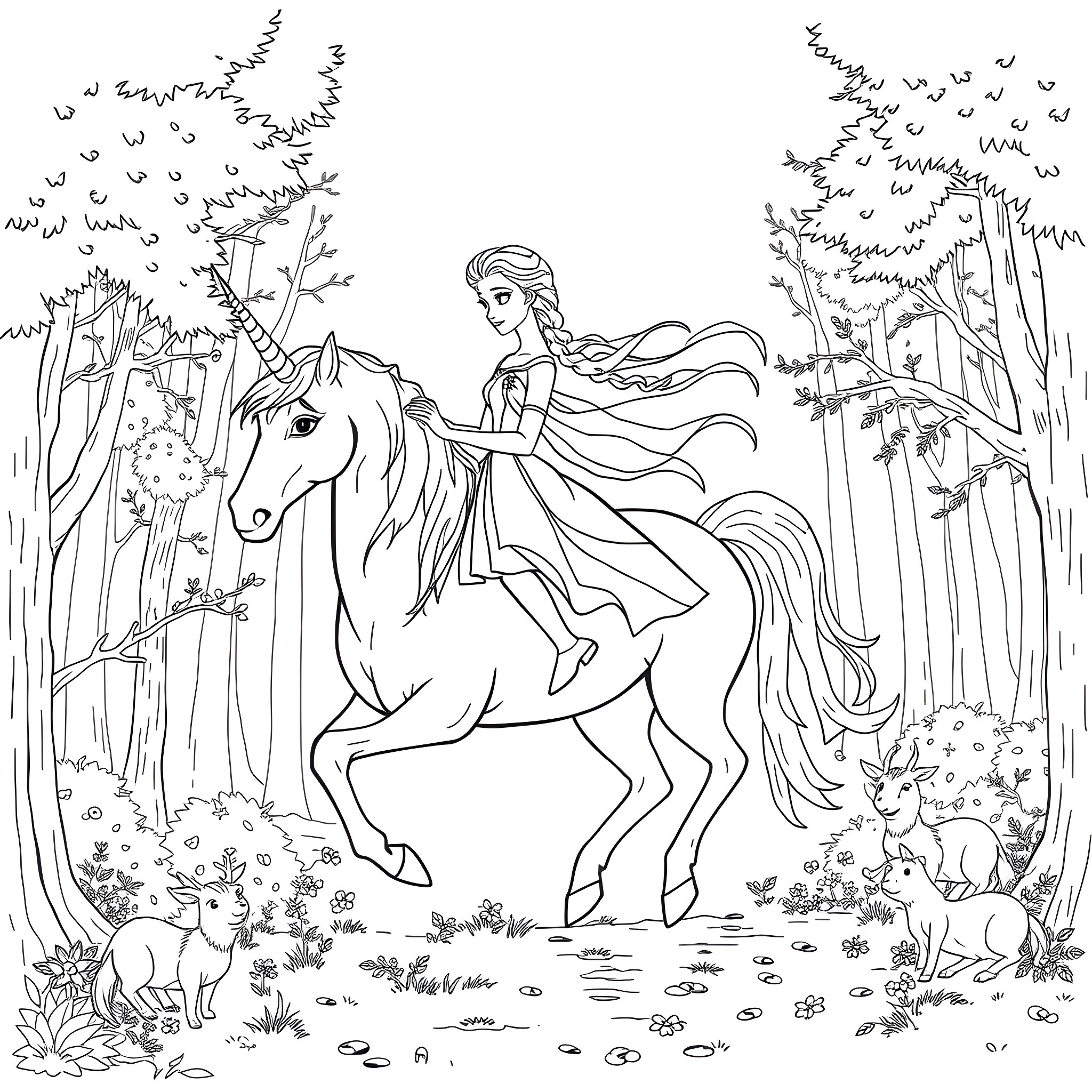 Elsa's enchanted forest adventure with her magical unicorn Coloring Page (free black-and-white line drawing printable PDF for all, from beginners to advanced learners, including children, teens, adults, and seniors)