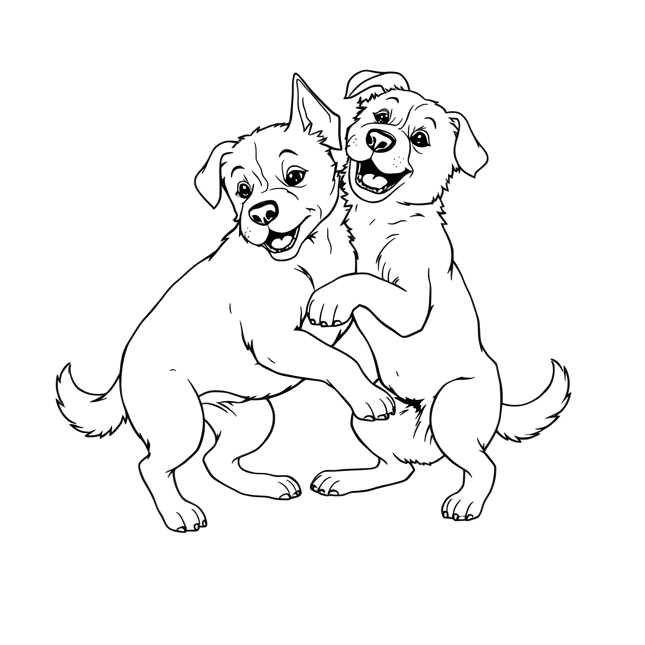 Dog buddies playing and cuddling happily Coloring Page (free black-and-white line drawing printable PDF for all, from beginners to advanced learners, including children, teens, adults, and seniors)