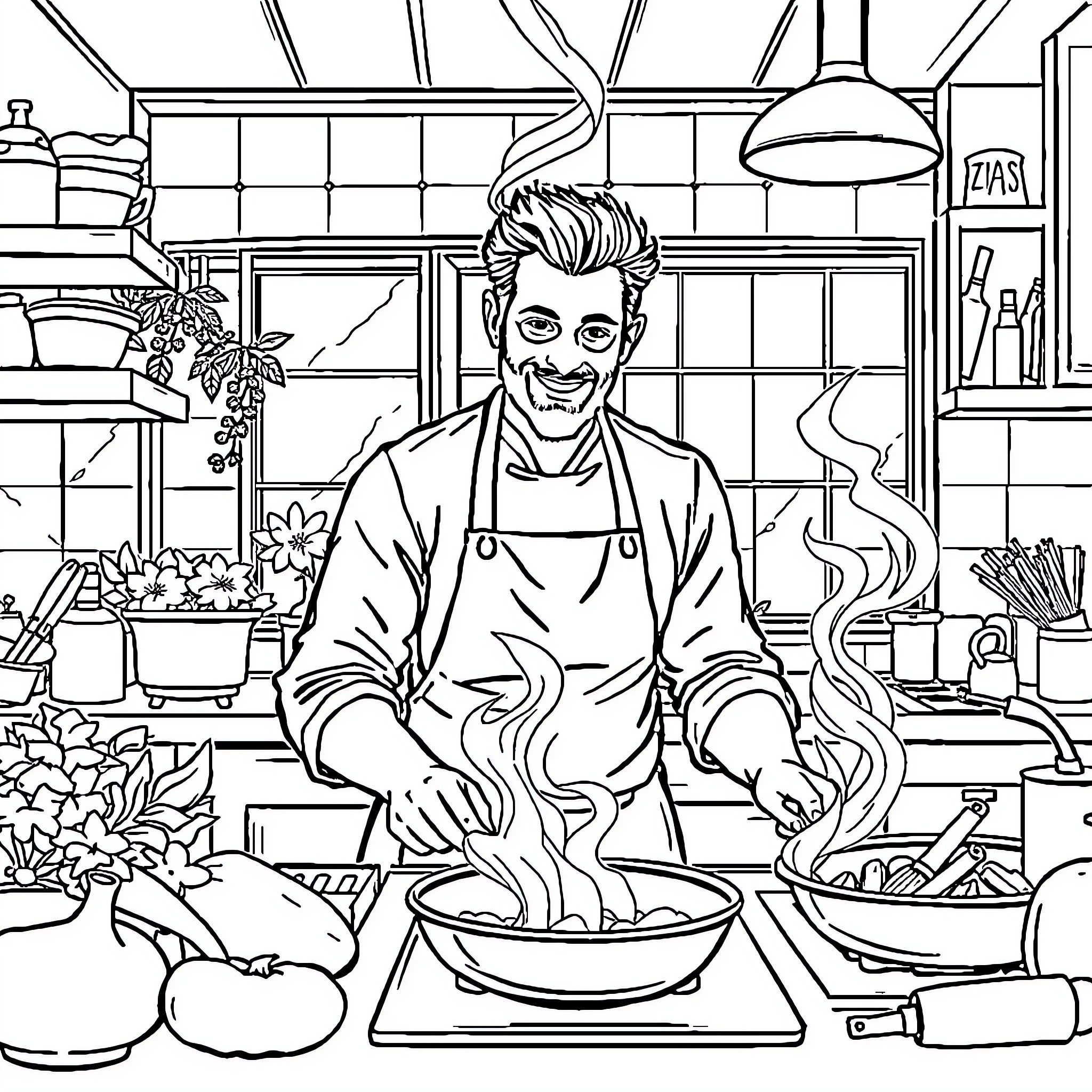 Fabien Roussel Cooking Delightful Dishes in the Kitchen Coloring Page (free black-and-white line drawing printable PDF for all, from beginners to advanced learners, including children, teens, adults, and seniors)