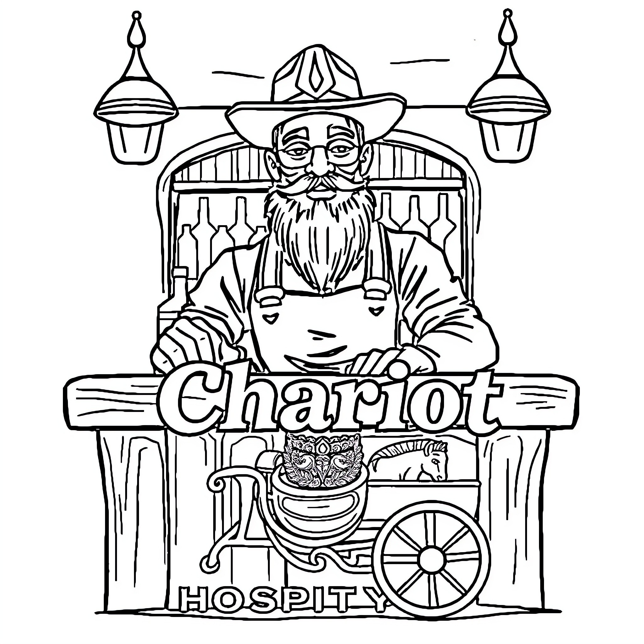 Bartender in vintage costume serving drinks at his mobile cart Coloring Page (free black-and-white line drawing printable PDF for all, from beginners to advanced learners, including children, teens, adults, and seniors)