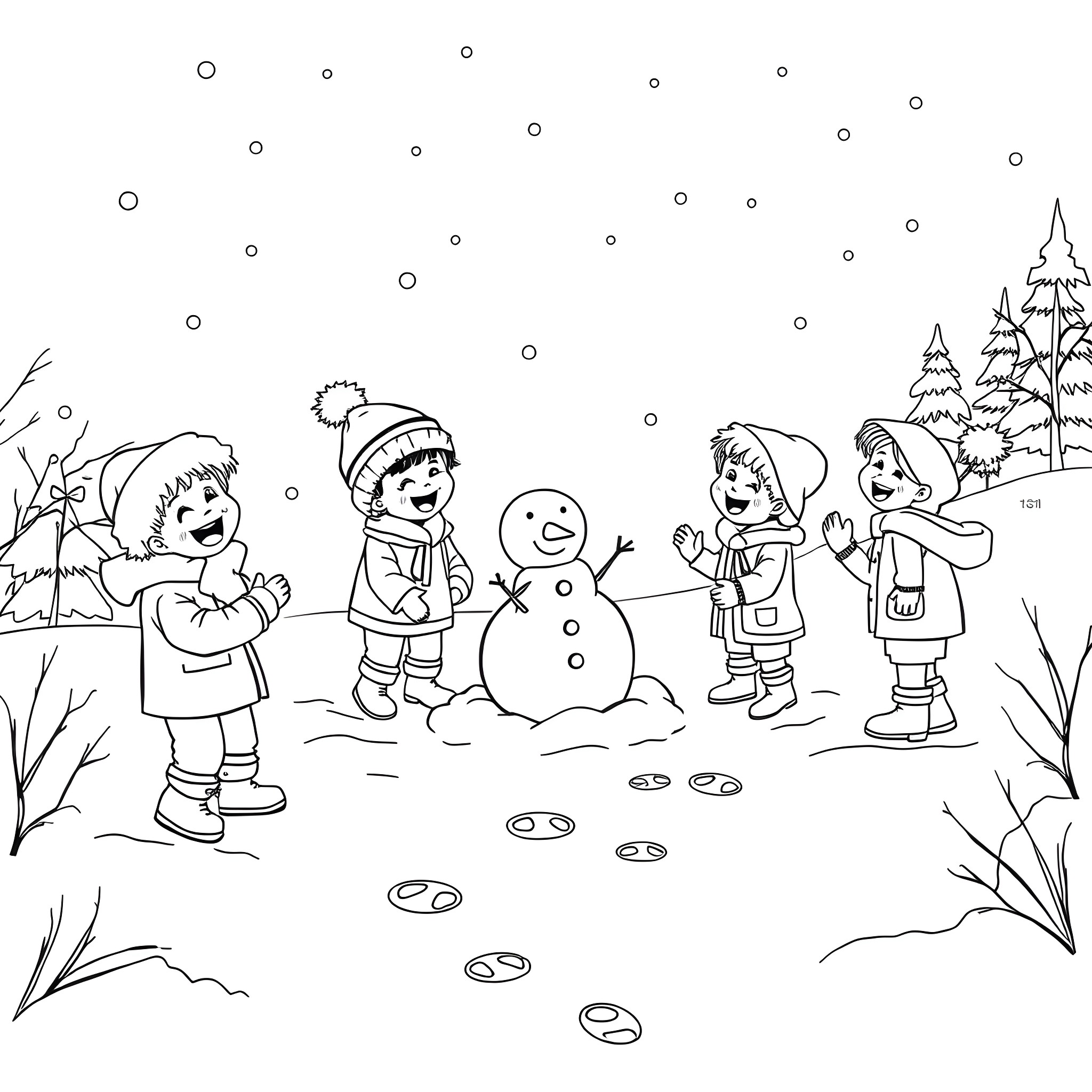 Child Playing in Snowy Winter Wonderland Coloring Page (free black-and-white line drawing printable PDF for all, from beginners to advanced learners, including children, teens, adults, and seniors)