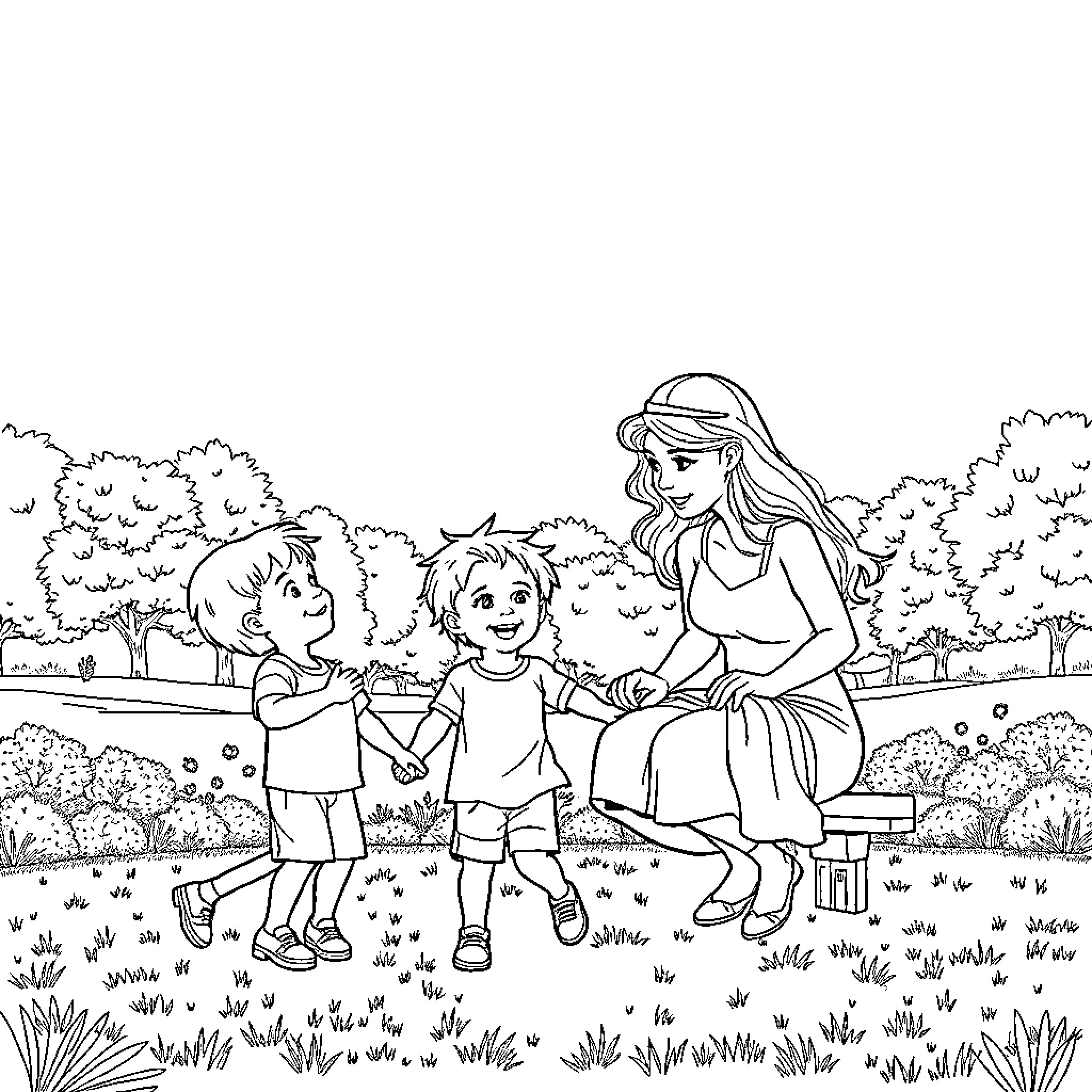 Child playing outdoors with their mother Coloring Page (free black-and-white line drawing printable PDF for all, from beginners to advanced learners, including children, teens, adults, and seniors)