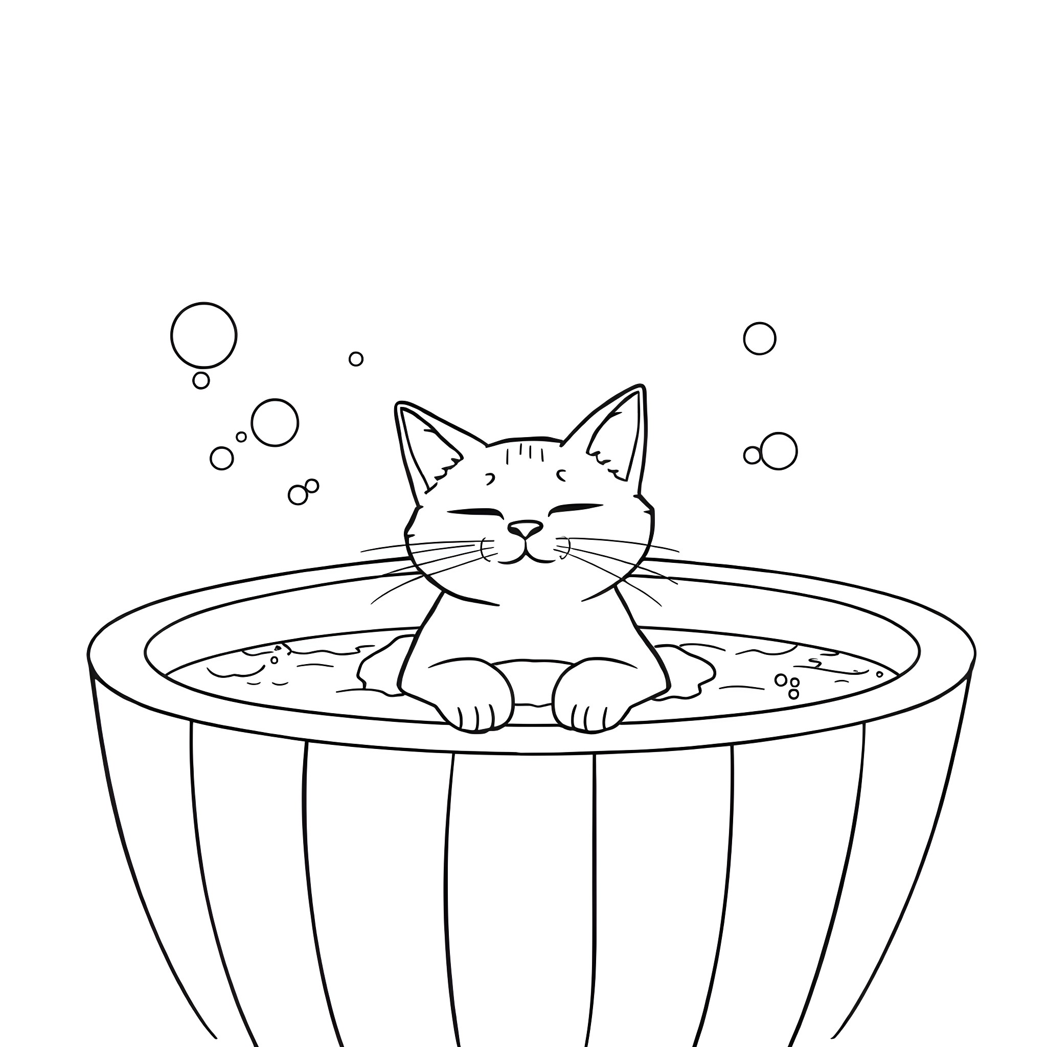 Cat relaxing in a bubble bath Coloring Page (free black-and-white line drawing printable PDF for all, from beginners to advanced learners, including children, teens, adults, and seniors)