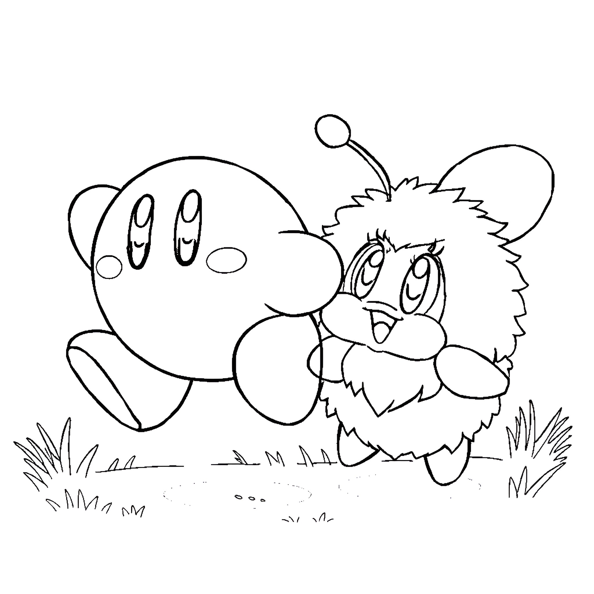 Kirby and Waddle Dee enjoying a playful moment Coloring Page (free black-and-white line drawing printable PDF for all, from beginners to advanced learners, including children, teens, adults, and seniors)