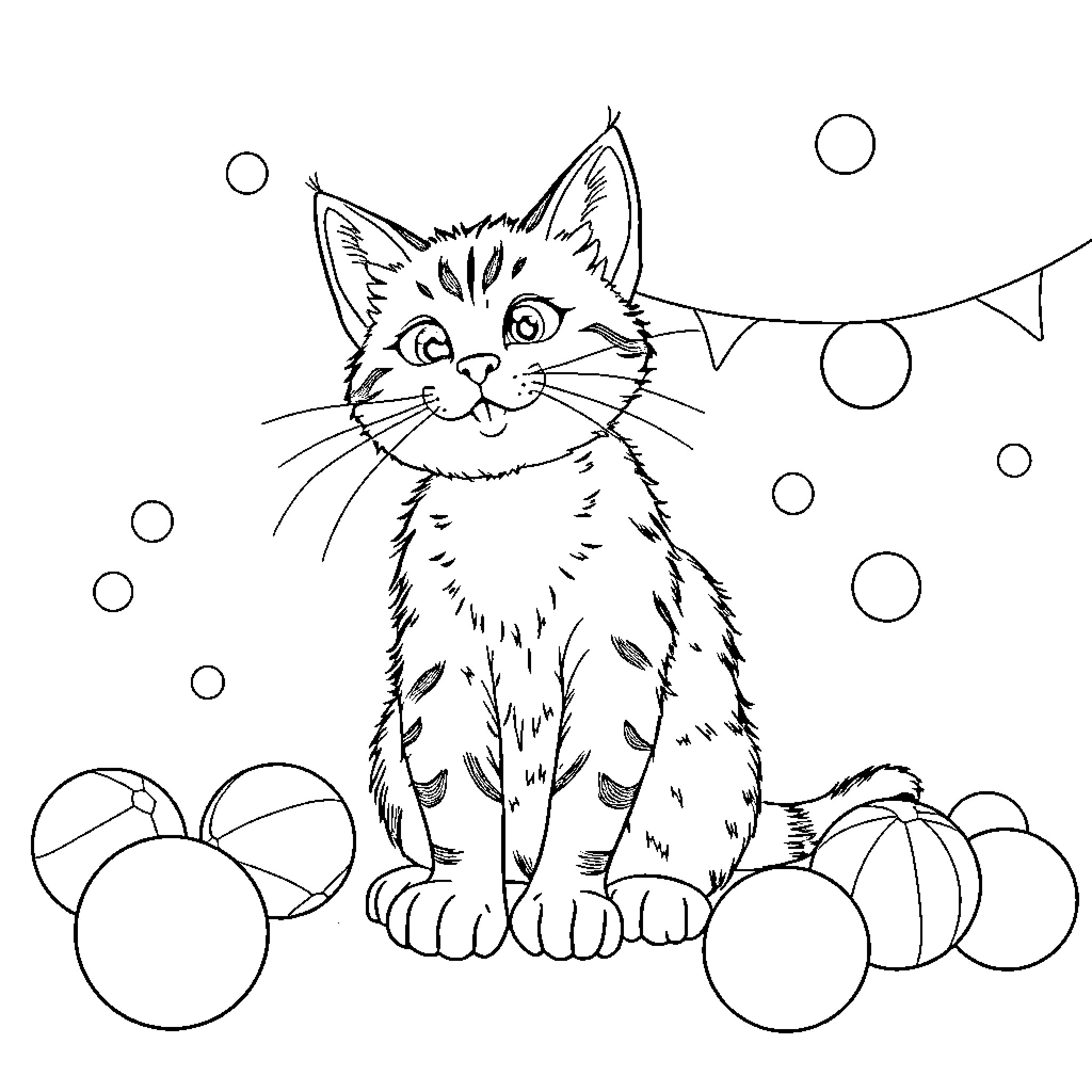 Cat with Playful Expressions and Festive Surroundings Coloring Page (free black-and-white line drawing printable PDF for all, from beginners to advanced learners, including children, teens, adults, and seniors)