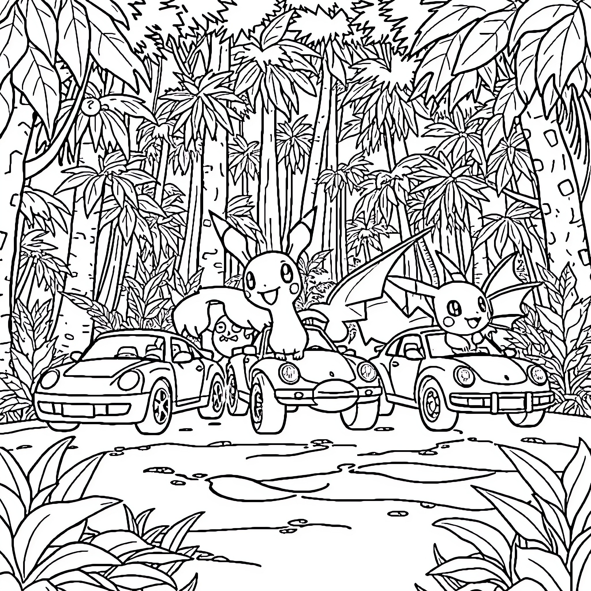 Pokémon characters on a road trip in the wilderness Coloring Page (free black-and-white line drawing printable PDF for all, from beginners to advanced learners, including children, teens, adults, and seniors)