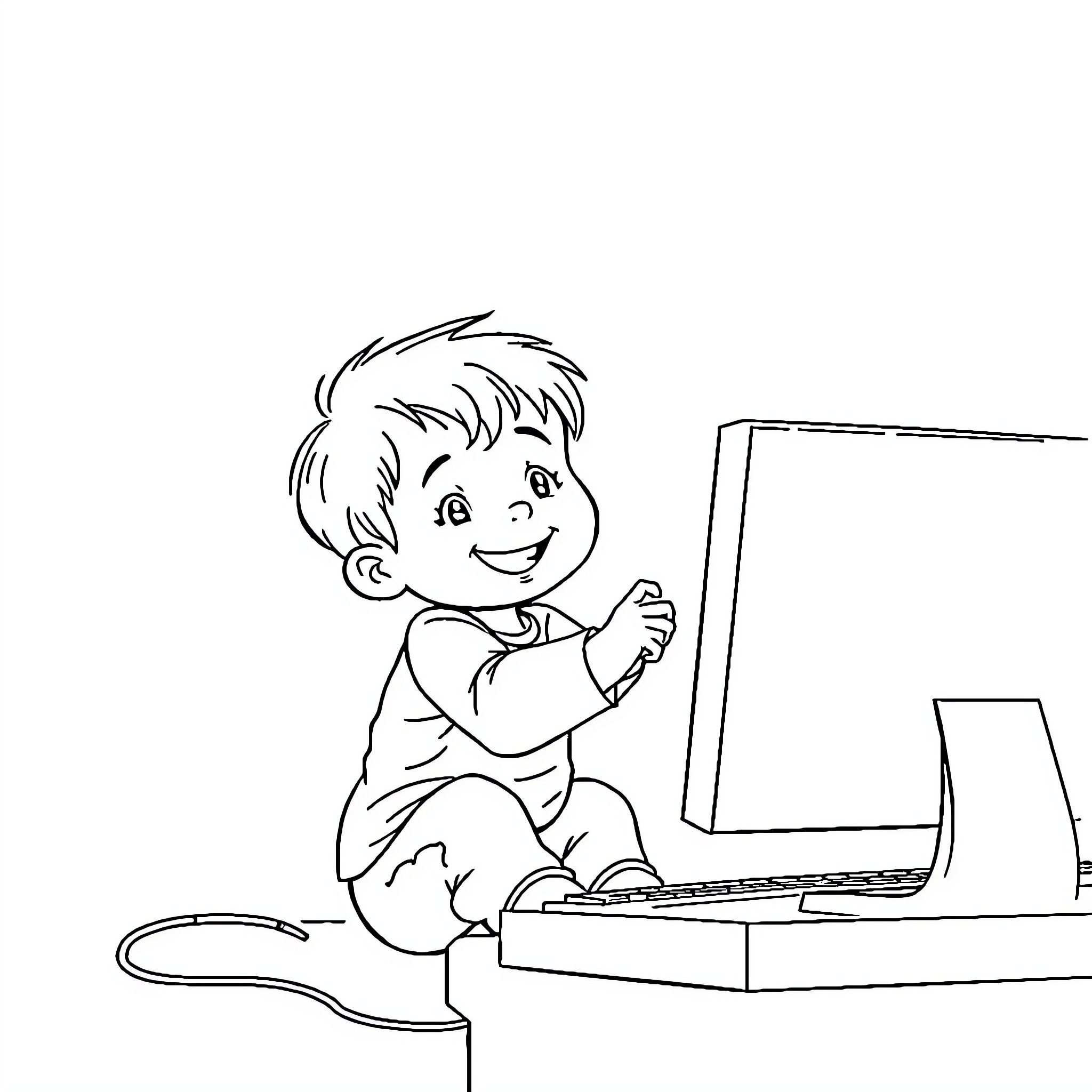 Niño exploring computer playfully Coloring Page (free black-and-white line drawing printable PDF for all, from beginners to advanced learners, including children, teens, adults, and seniors)