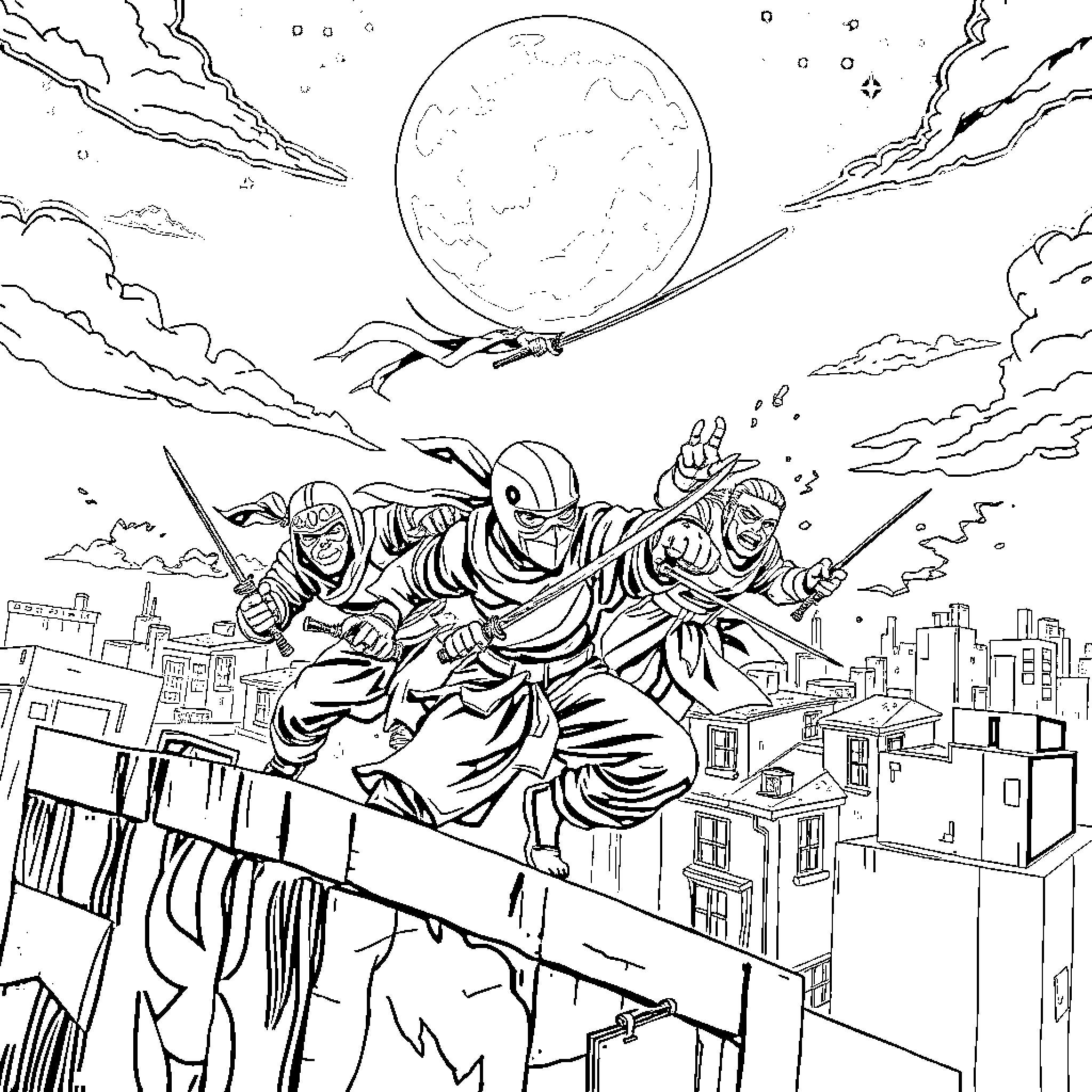 Ninja warriors on a moonlit rooftop battle Coloring Page (free black-and-white line drawing printable PDF for all, from beginners to advanced learners, including children, teens, adults, and seniors)