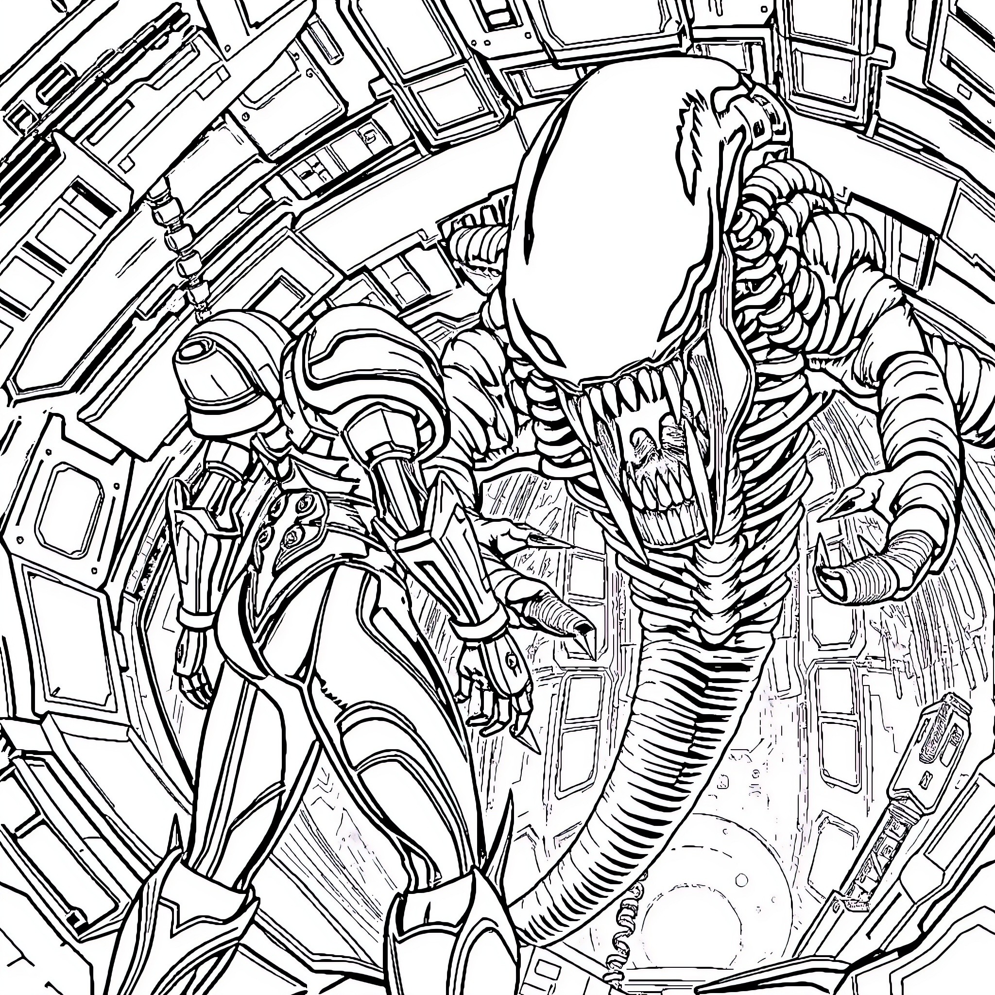 Samus Aran in Intense Sci-Fi Encounter Coloring Page (free black-and-white line drawing printable PDF for all, from beginners to advanced learners, including children, teens, adults, and seniors)