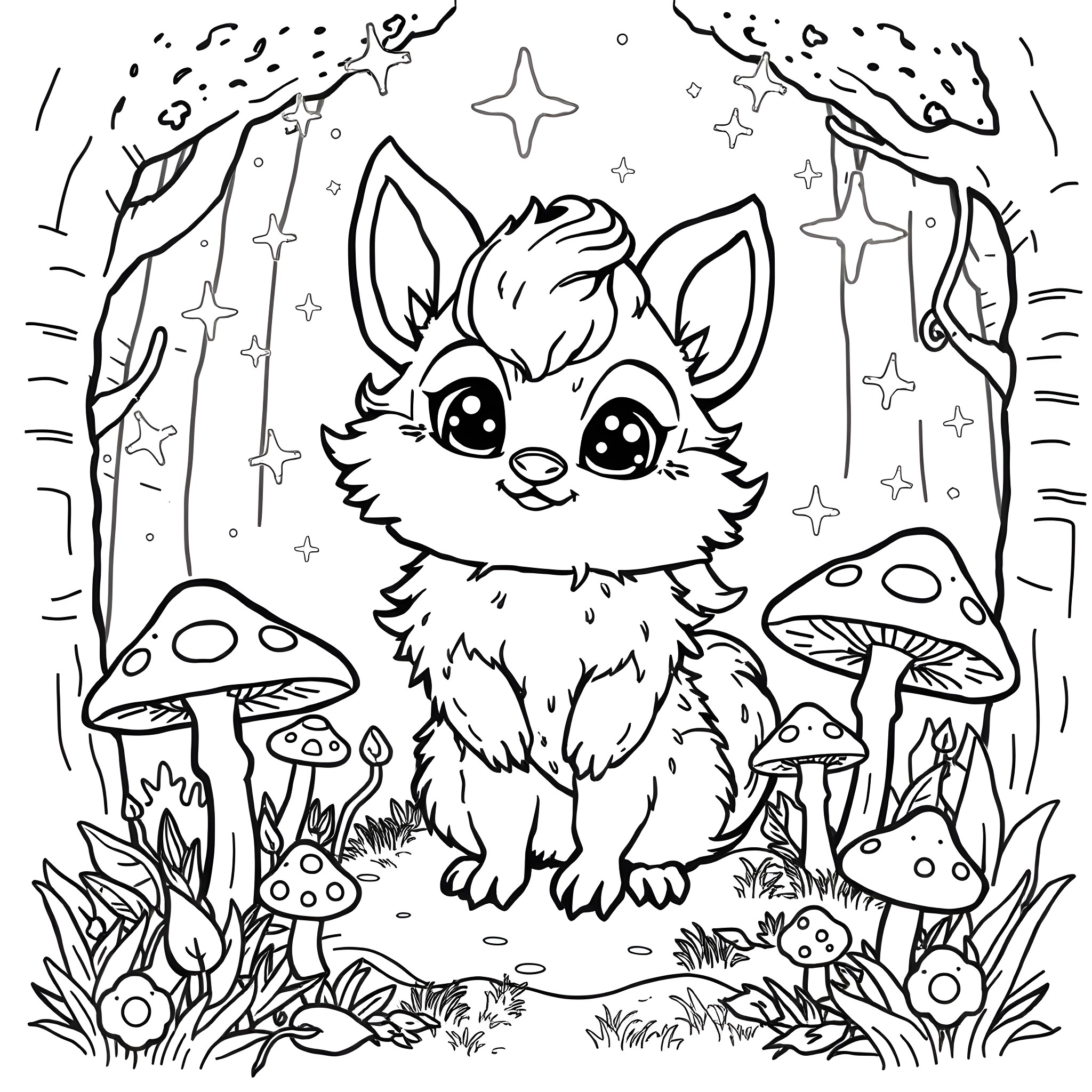 Sprunki's Enchanted Forest Adventure Coloring Page (free black-and-white line drawing printable PDF for all, from beginners to advanced learners, including children, teens, adults, and seniors)