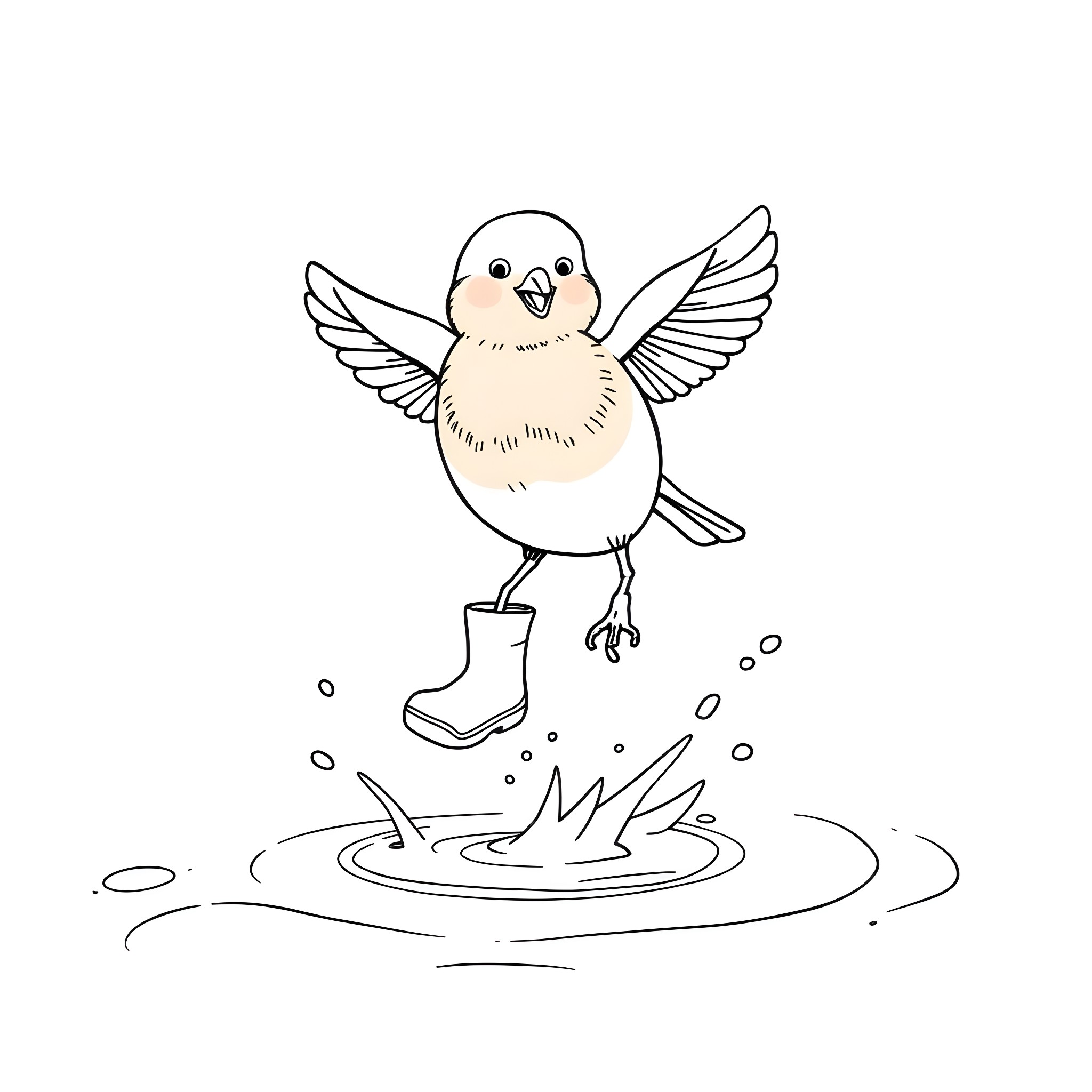 Robin splashing in puddle with wings outstretched Coloring Page (free black-and-white line drawing printable PDF for all, from beginners to advanced learners, including children, teens, adults, and seniors)
