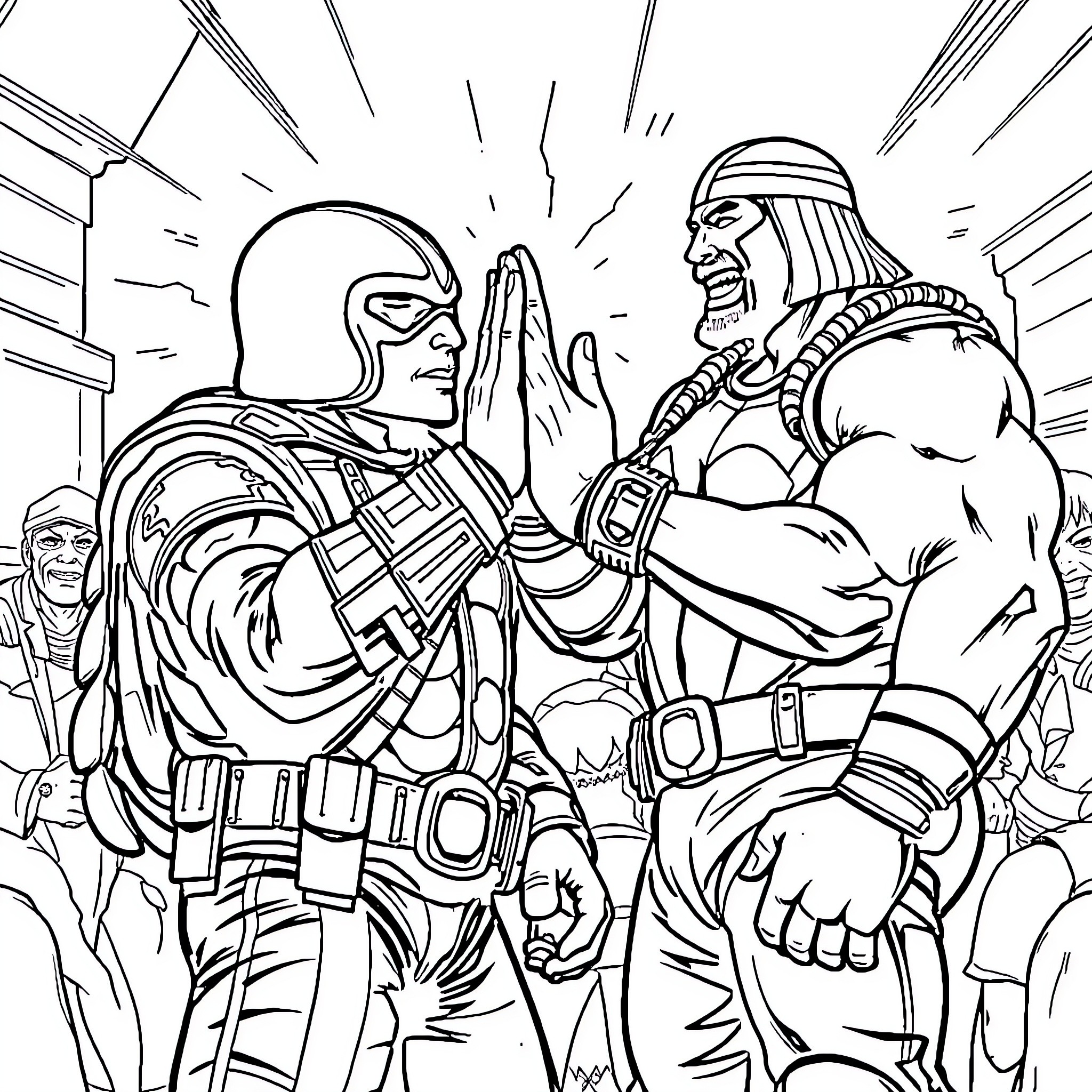 Cobra Commander in Intense Standoff with Muscular Adversary Coloring Page (free black-and-white line drawing printable PDF for all, from beginners to advanced learners, including children, teens, adults, and seniors)