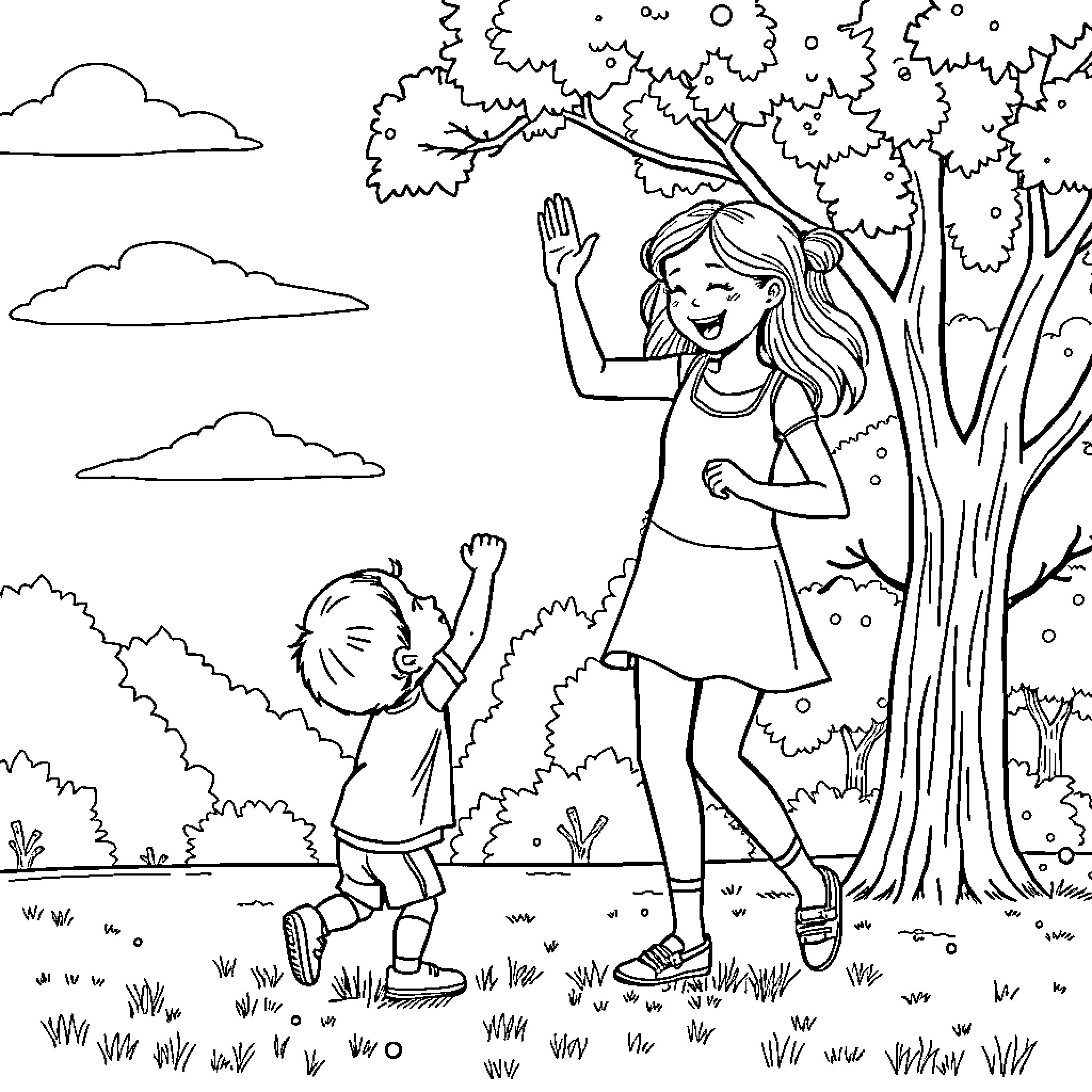 Sibling Playful Moment in Nature Coloring Page (free black-and-white line drawing printable PDF for all, from beginners to advanced learners, including children, teens, adults, and seniors)