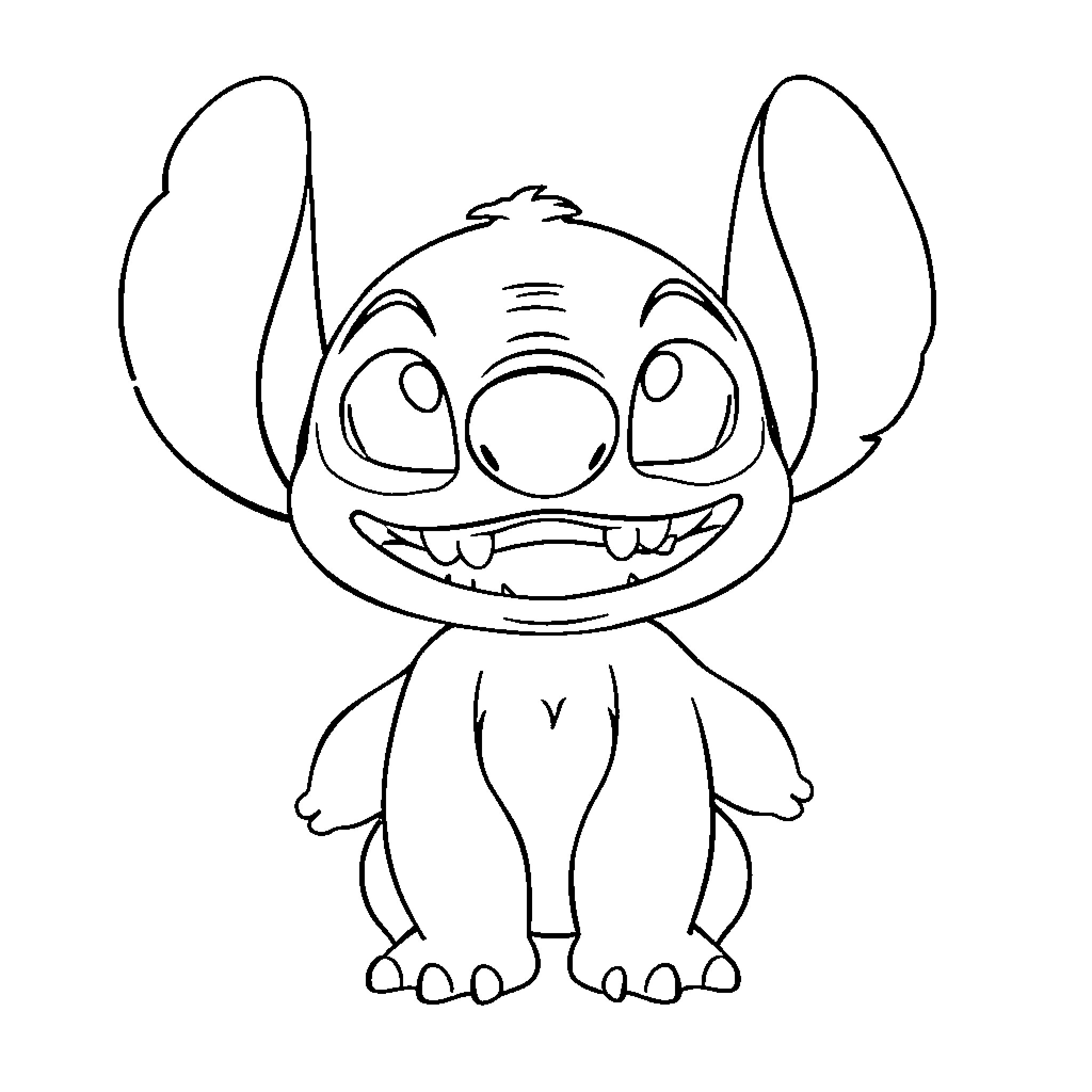 Stitch smiling widely with big eyes Coloring Page (free black-and-white line drawing printable PDF for all, from beginners to advanced learners, including children, teens, adults, and seniors)