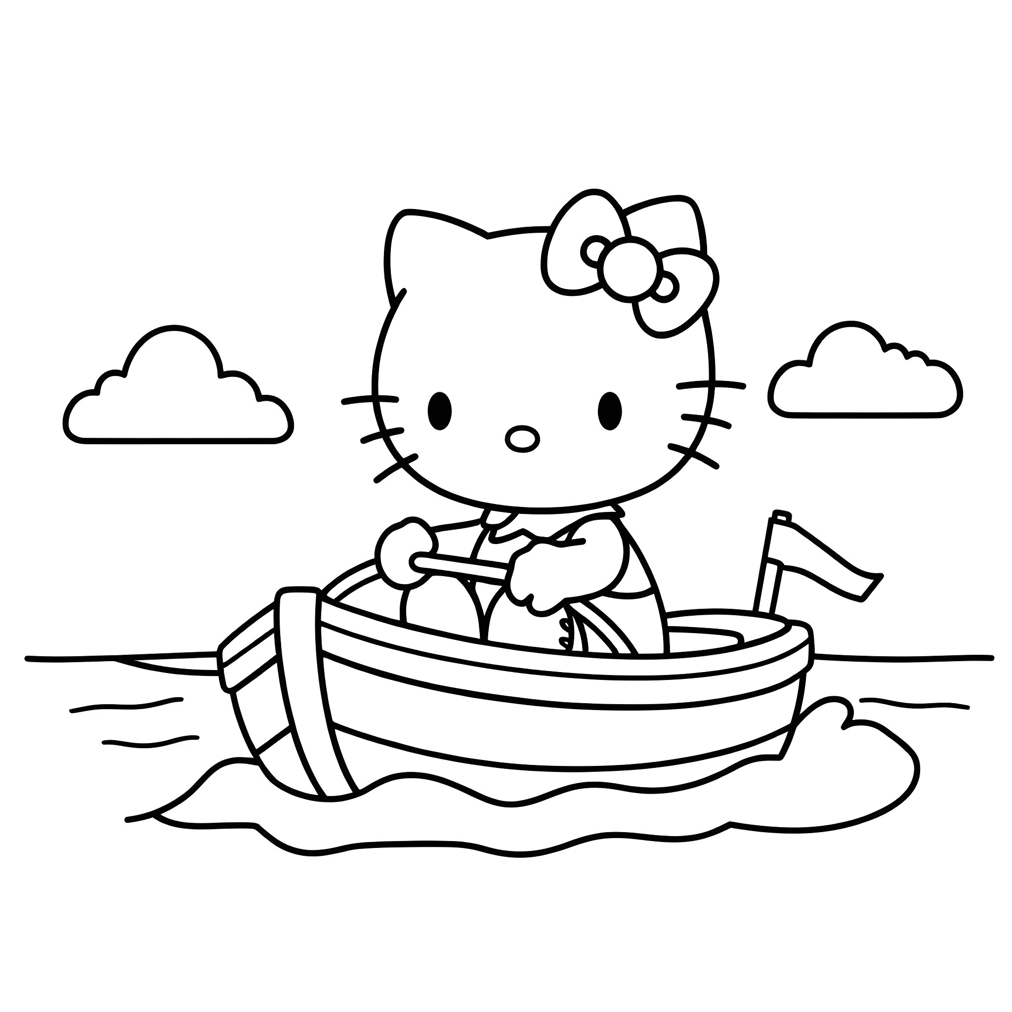 Hello Kitty sailing in a boat on the water Coloring Page (free black-and-white line drawing printable PDF for all, from beginners to advanced learners, including children, teens, adults, and seniors)