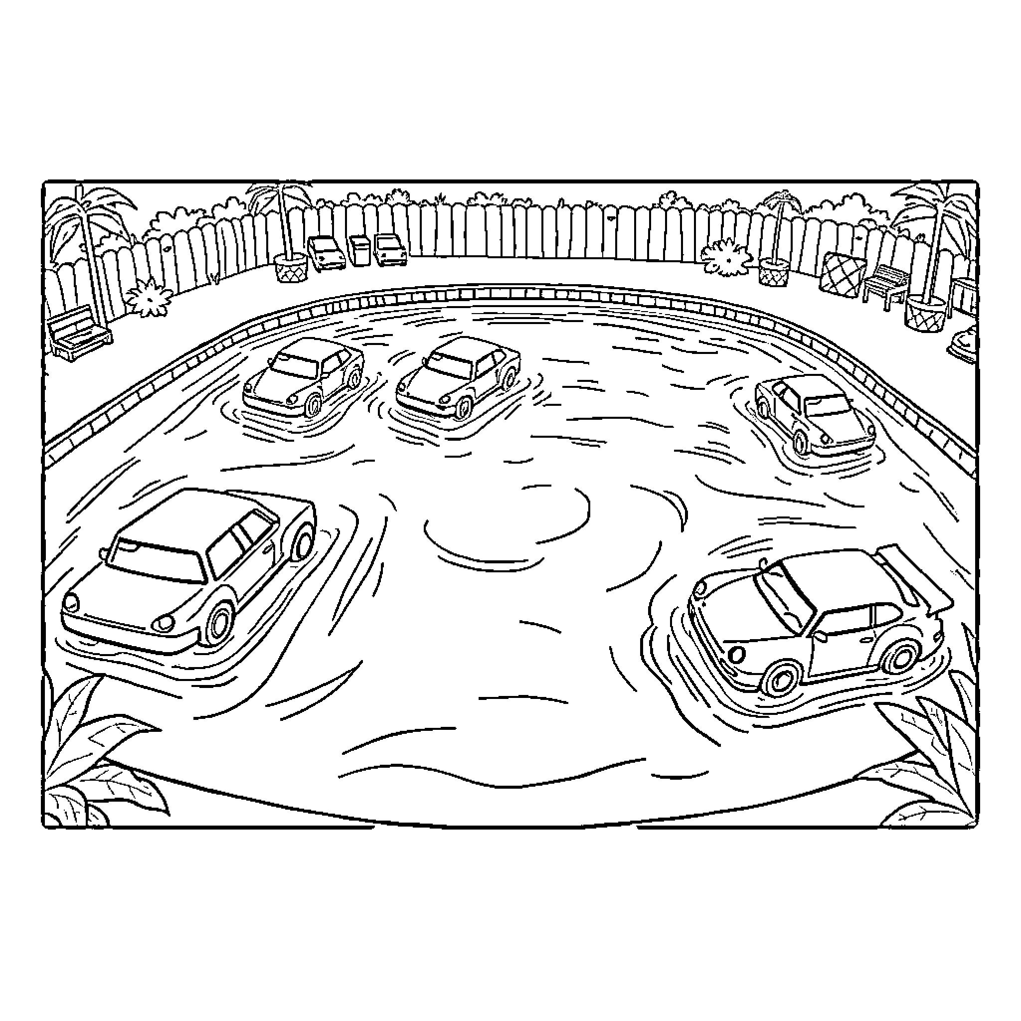 Car crossing flooded street in rainy weather Coloring Page (free black-and-white line drawing printable PDF for all, from beginners to advanced learners, including children, teens, adults, and seniors)