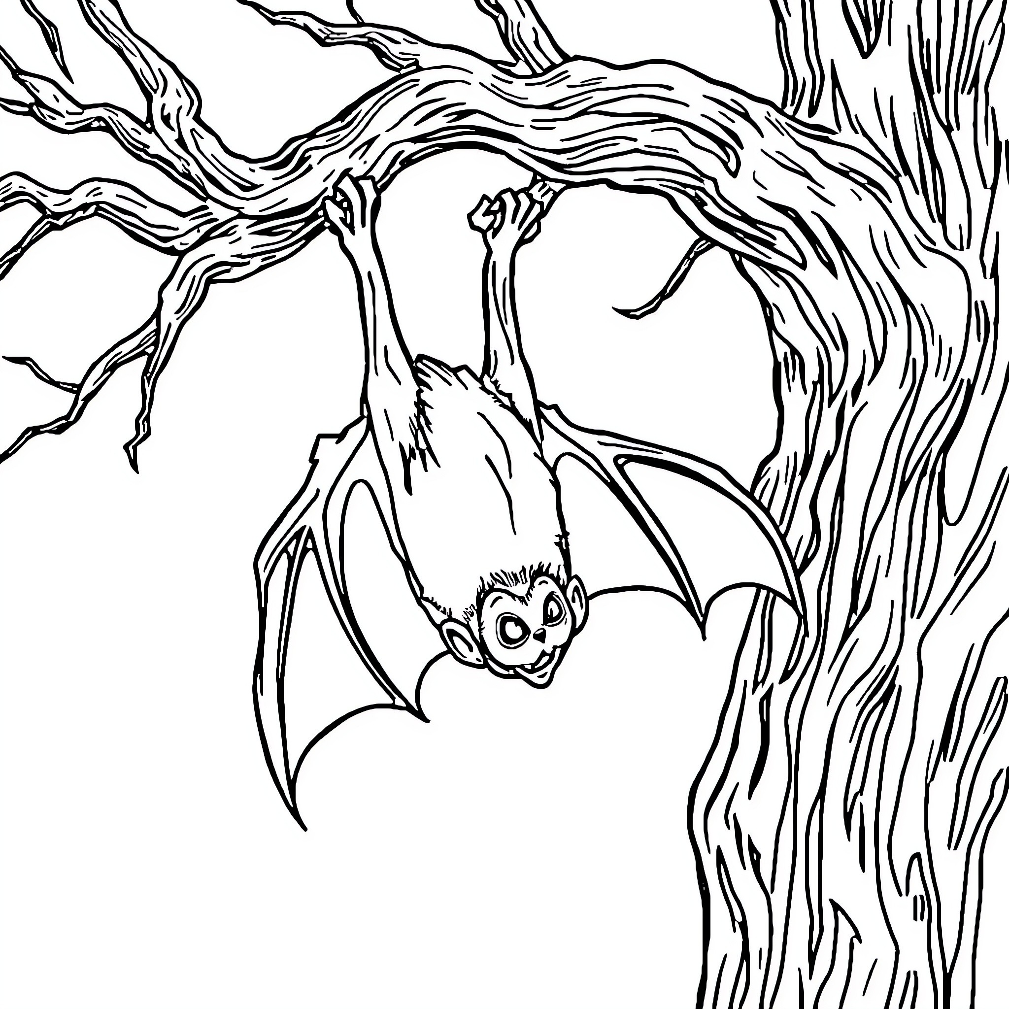 Bat hanging upside down on a tree Coloring Page (free black-and-white line drawing printable PDF for all, from beginners to advanced learners, including children, teens, adults, and seniors)