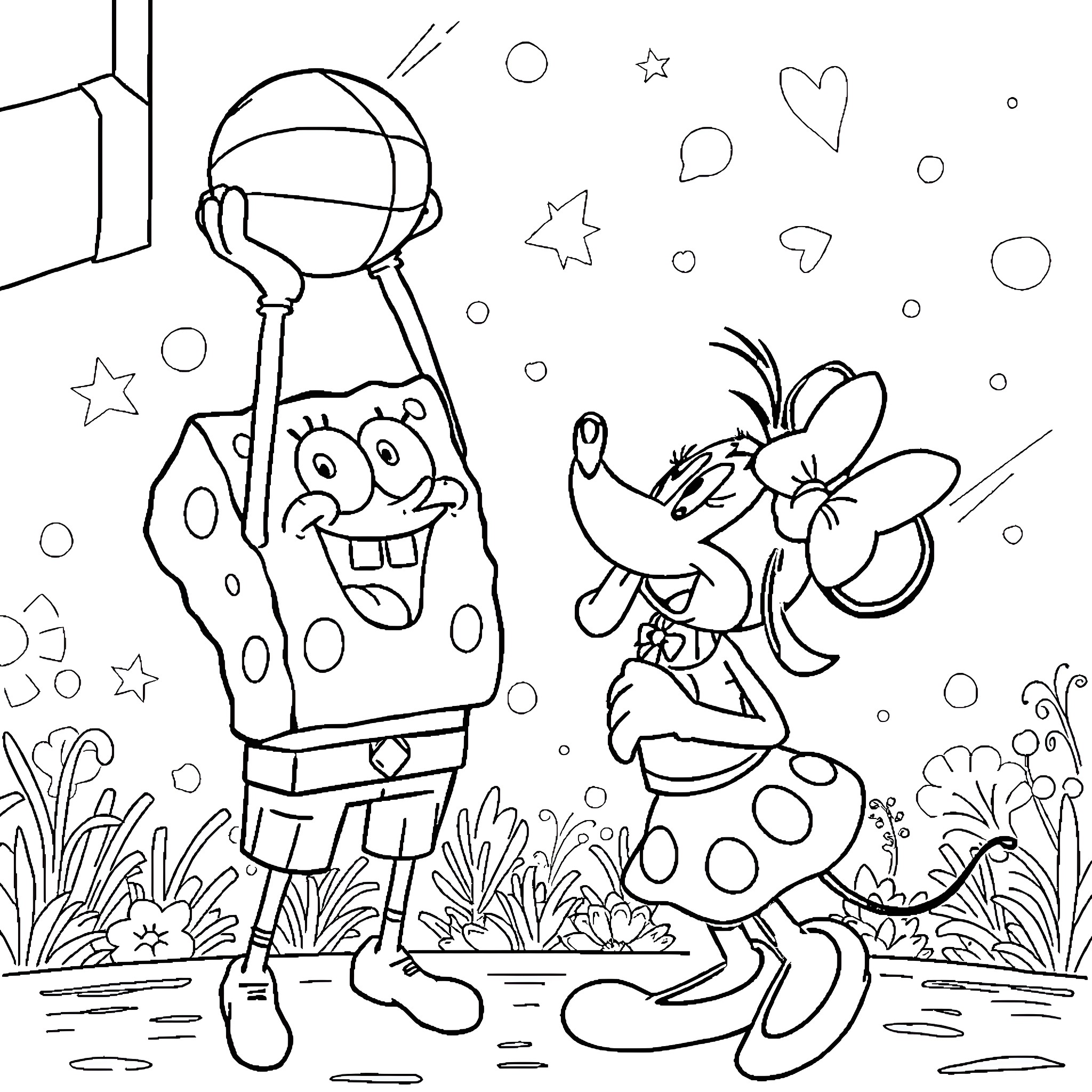 Spongebob and Patrick playing with bubbles and stars Coloring Page (free black-and-white line drawing printable PDF for all, from beginners to advanced learners, including children, teens, adults, and seniors)