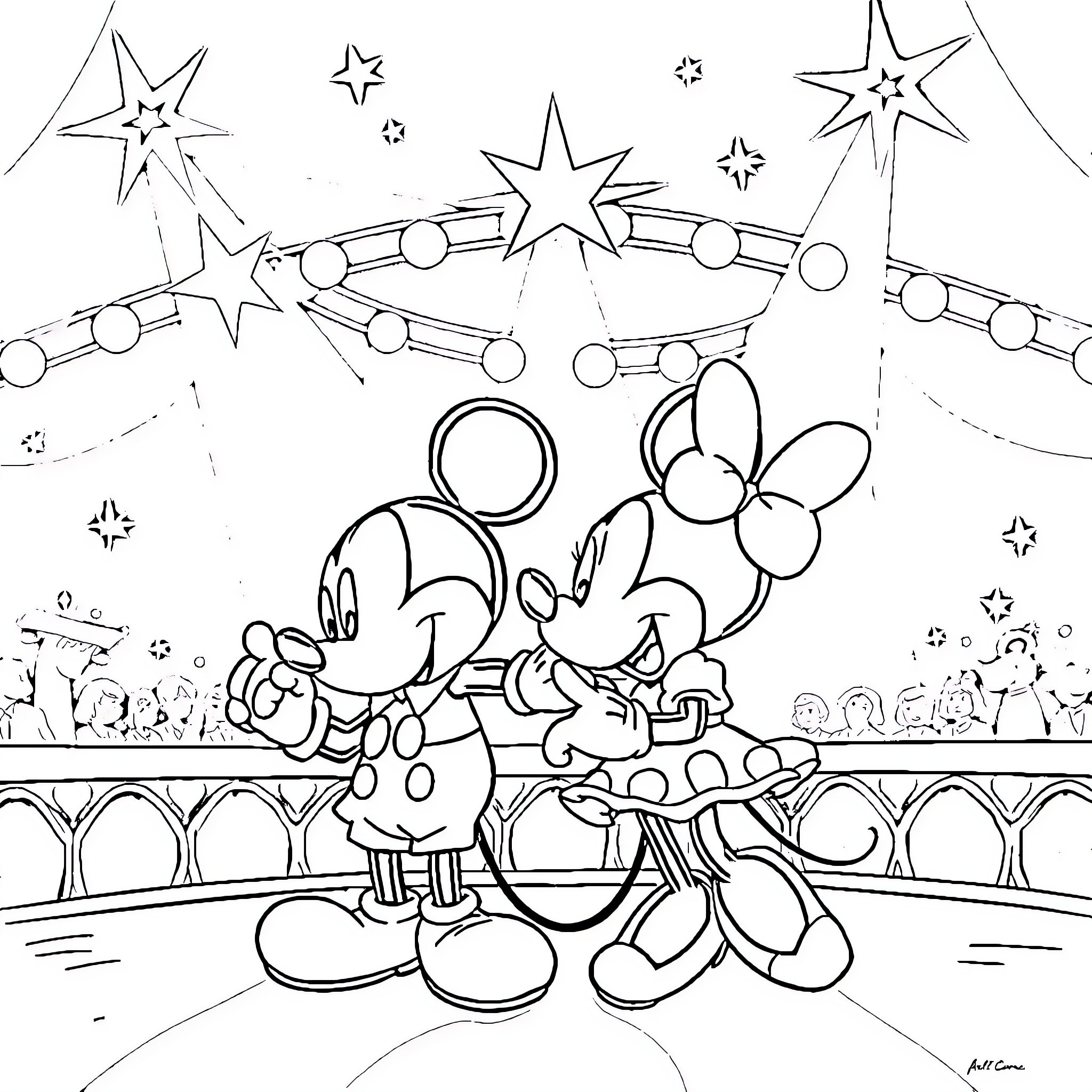 Mickey and Minnie enjoying a night at the circus Coloring Page (free black-and-white line drawing printable PDF for all, from beginners to advanced learners, including children, teens, adults, and seniors)