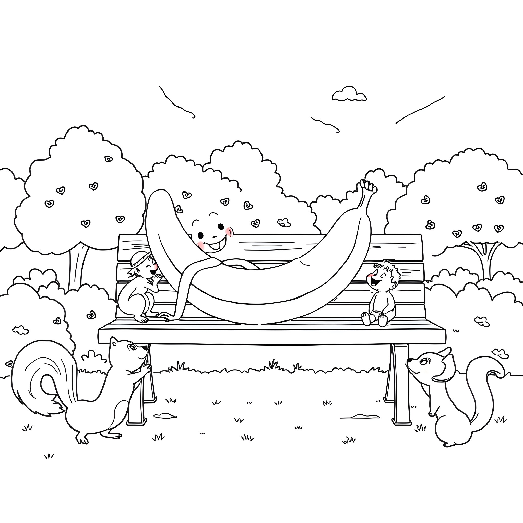 Banana sharing a bench with forest animals Coloring Page (free black-and-white line drawing printable PDF for all, from beginners to advanced learners, including children, teens, adults, and seniors)