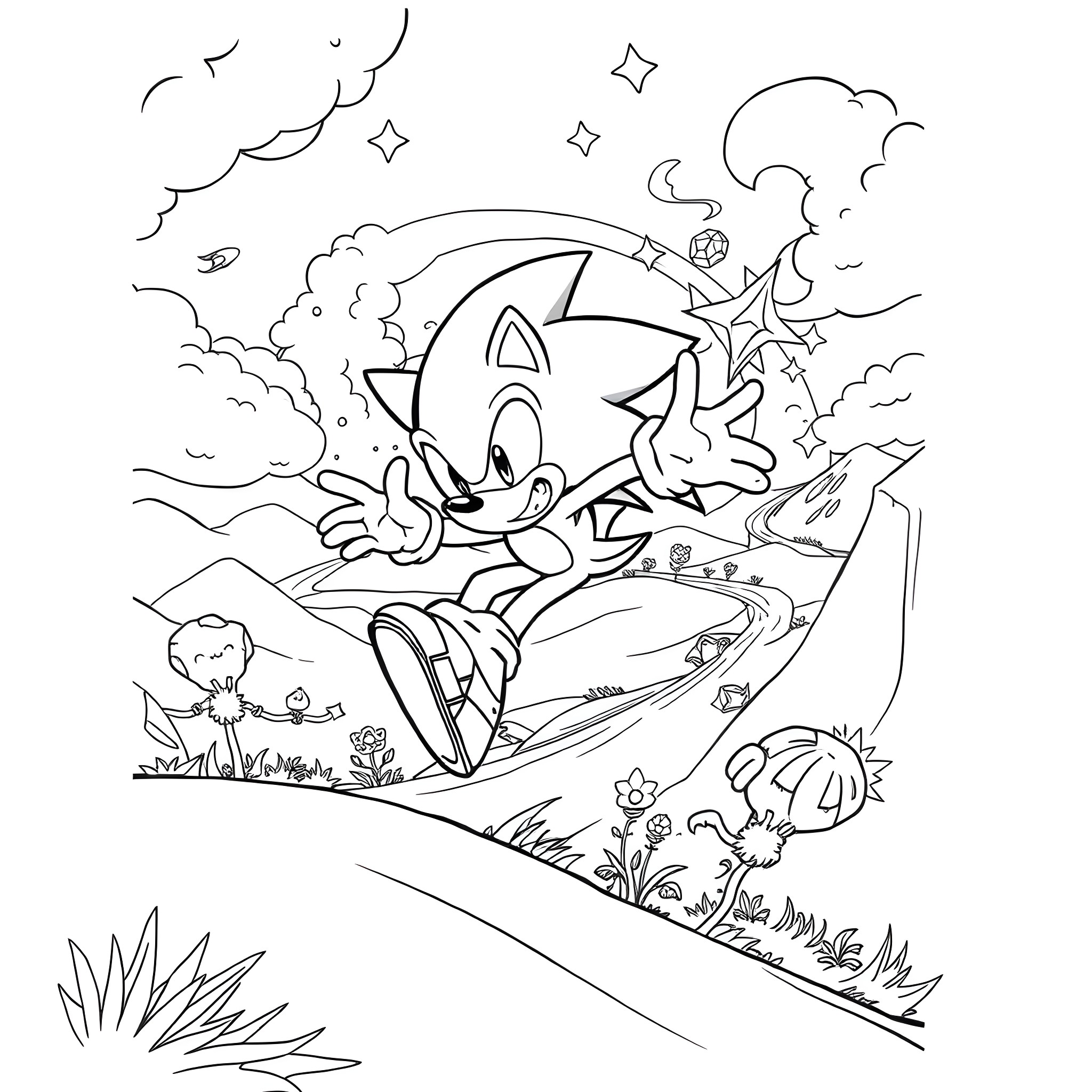 Sonic dashing through a magical landscape Coloring Page (free black-and-white line drawing printable PDF for all, from beginners to advanced learners, including children, teens, adults, and seniors)