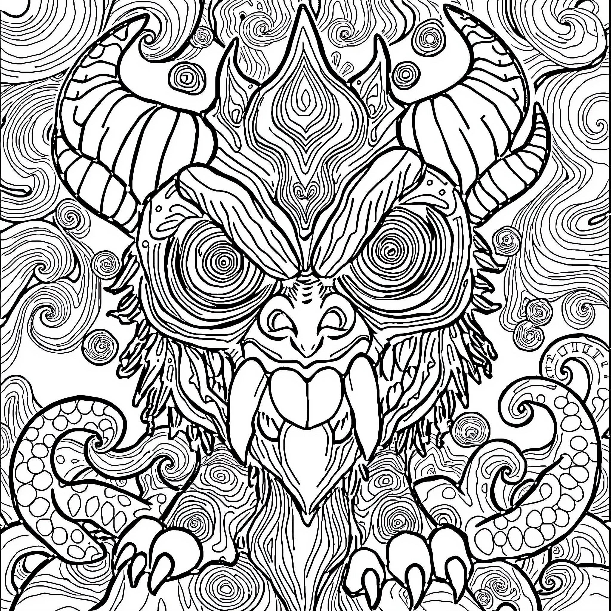 Monster with Ornate Horns and Creature Features Coloring Page (free black-and-white line drawing printable PDF for all, from beginners to advanced learners, including children, teens, adults, and seniors)