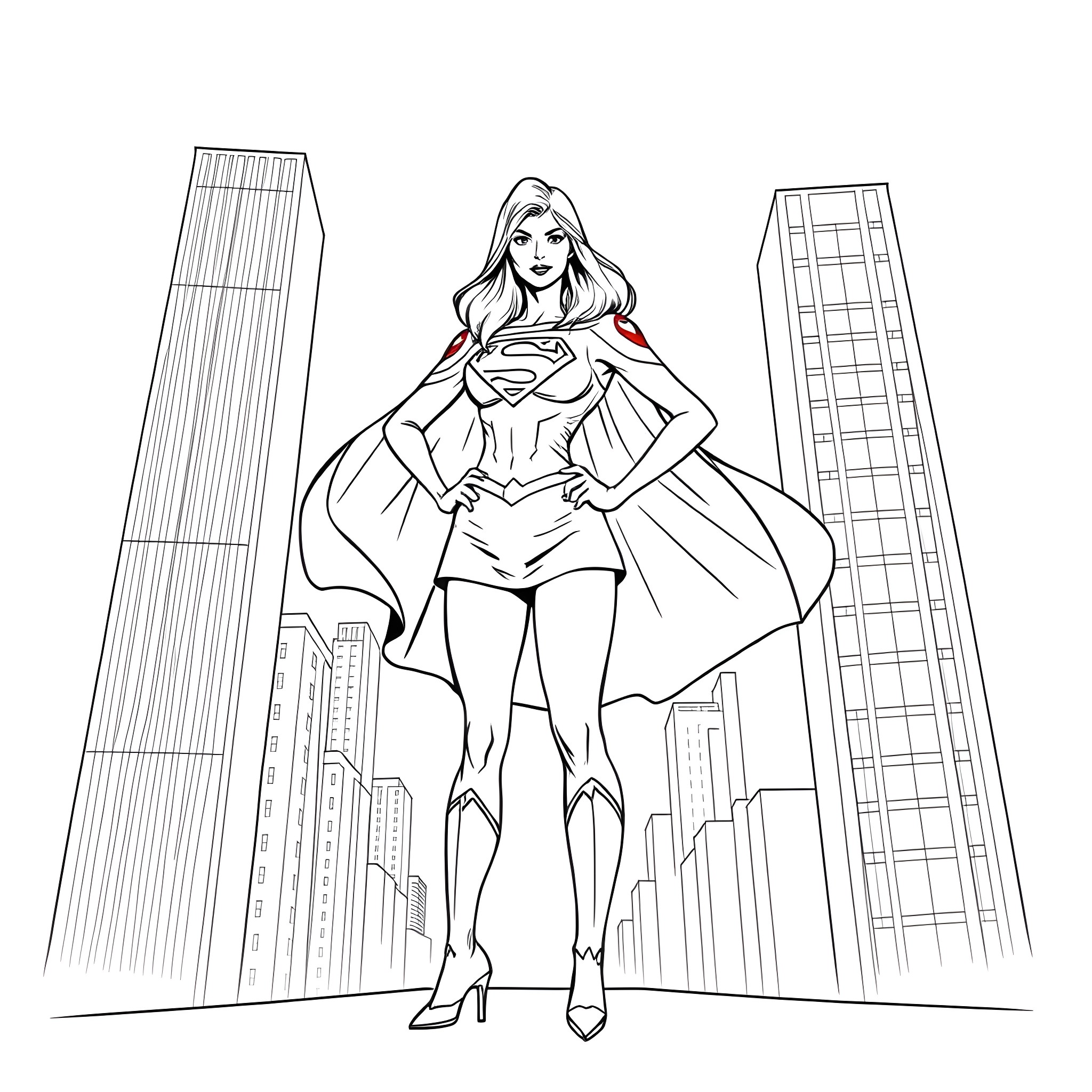 Supergirl Heroically Stands Tall in the City Coloring Page (free black-and-white line drawing printable PDF for all, from beginners to advanced learners, including children, teens, adults, and seniors)