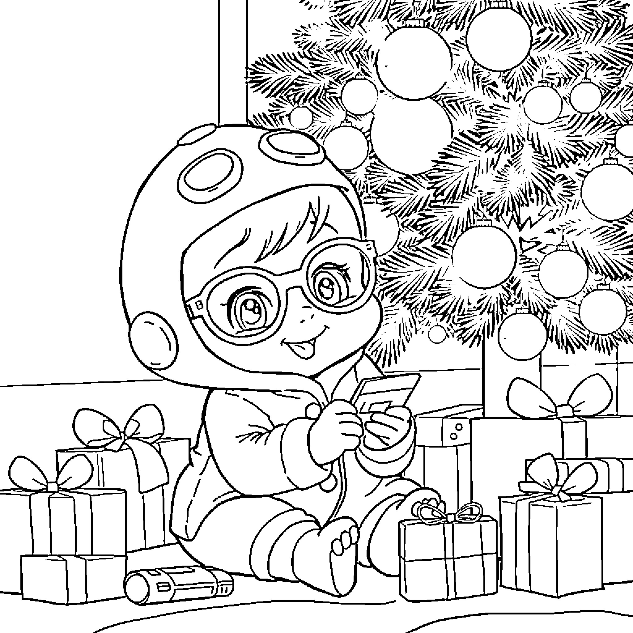 Inspector Gadget Celebrates Christmas with Gifts and Tree Coloring Page (free black-and-white line drawing printable PDF for all, from beginners to advanced learners, including children, teens, adults, and seniors)