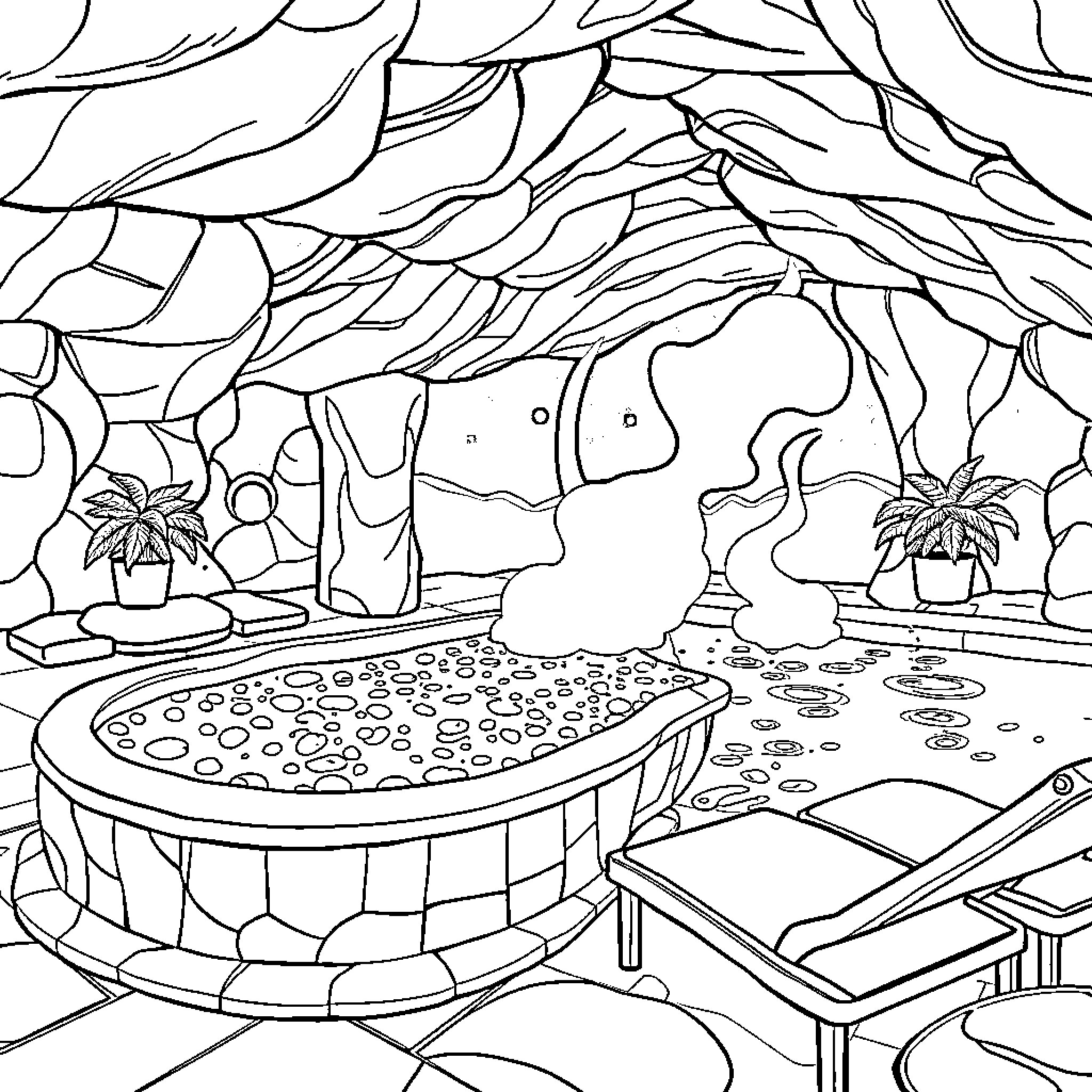 Spa day in the tranquil forest Coloring Page (free black-and-white line drawing printable PDF for all, from beginners to advanced learners, including children, teens, adults, and seniors)