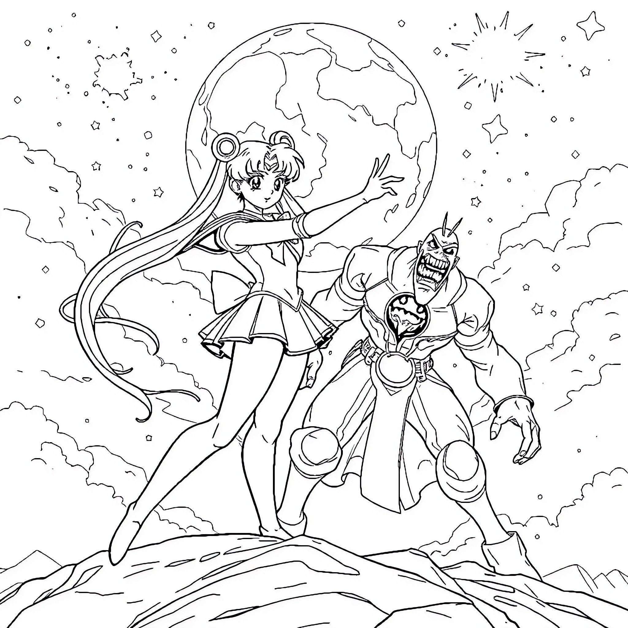 Sailor Moon and a Heroic Companion Battling Evil Coloring Page (free black-and-white line drawing printable PDF for all, from beginners to advanced learners, including children, teens, adults, and seniors)