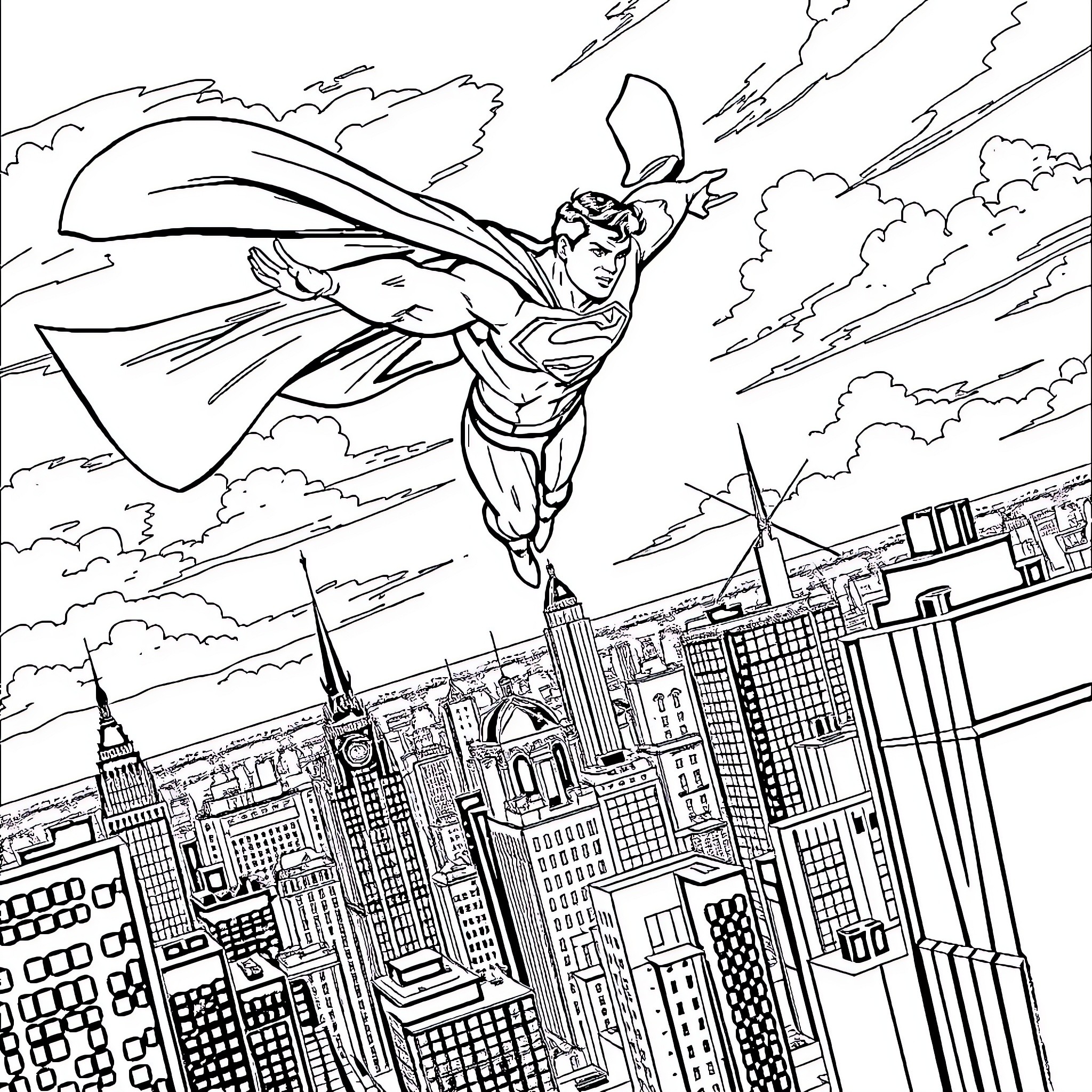 Superman soars above the city skyline Coloring Page (free black-and-white line drawing printable PDF for all, from beginners to advanced learners, including children, teens, adults, and seniors)