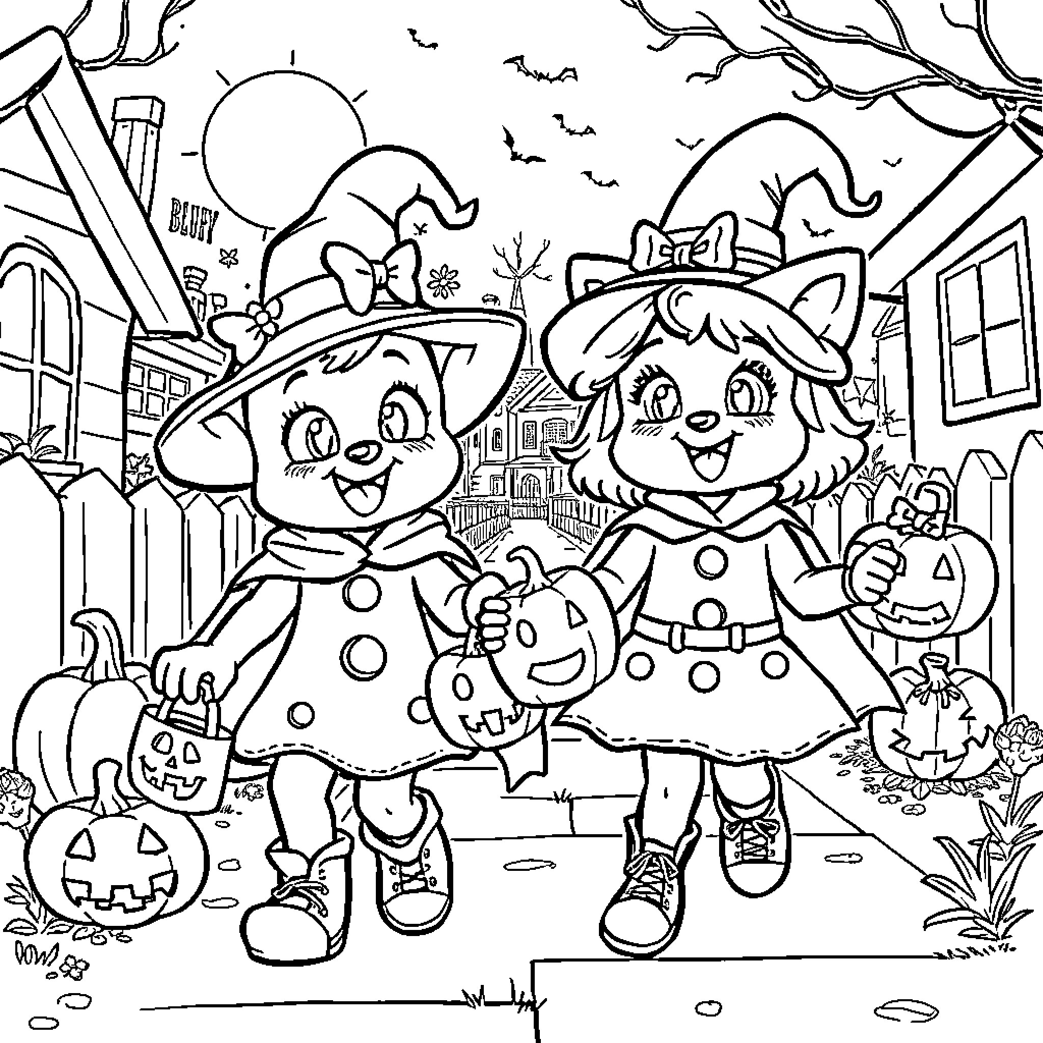 Bluey and Bingo's Halloween Adventure Coloring Page (free black-and-white line drawing printable PDF for all, from beginners to advanced learners, including children, teens, adults, and seniors)