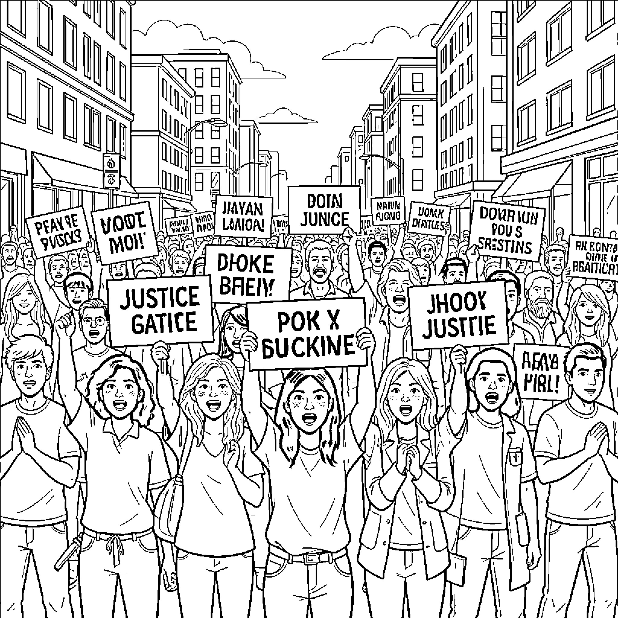 Person joining a large crowd holding protest signs Coloring Page (free black-and-white line drawing printable PDF for all, from beginners to advanced learners, including children, teens, adults, and seniors)
