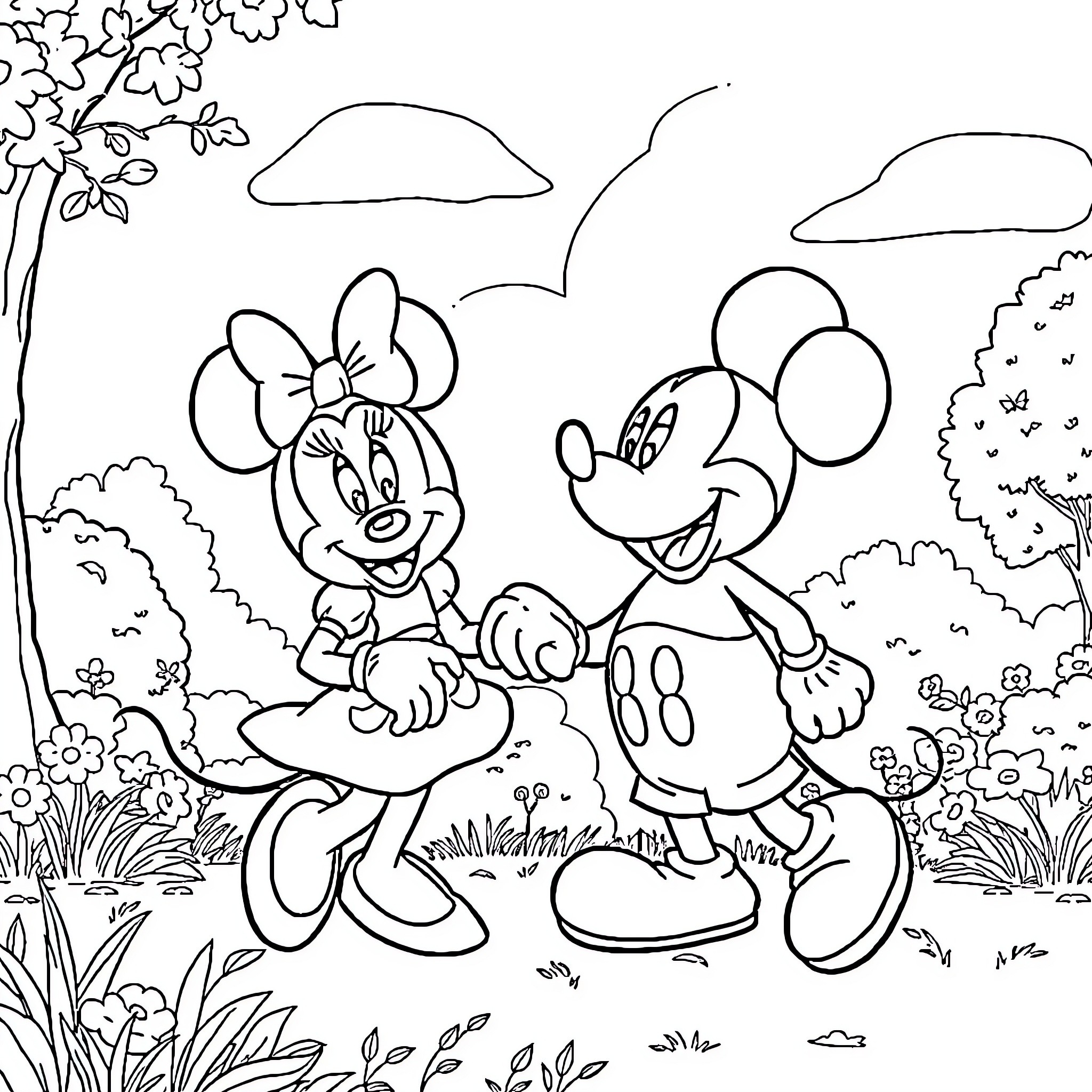 Minnie and Mickey playing happily in nature Coloring Page (free black-and-white line drawing printable PDF for all, from beginners to advanced learners, including children, teens, adults, and seniors)