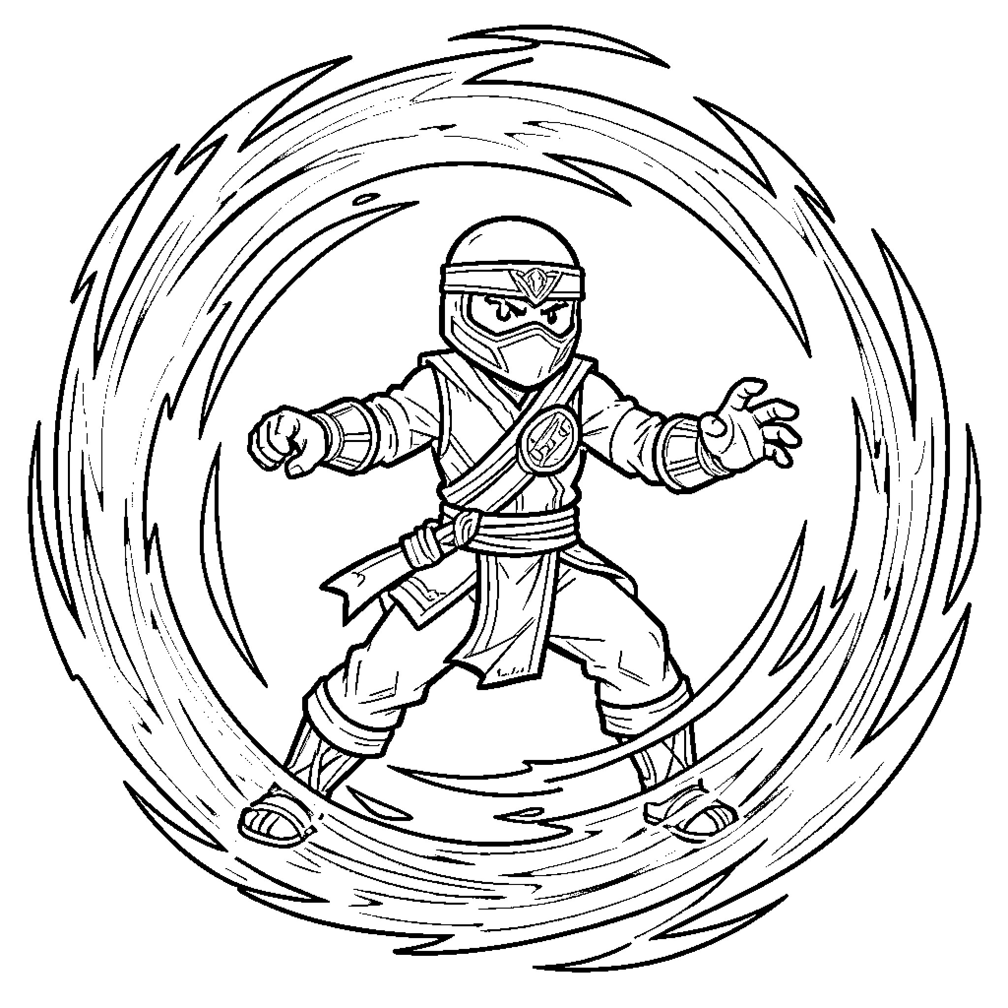 Lloyd in Heroic Ninja Pose Coloring Page (free black-and-white line drawing printable PDF for all, from beginners to advanced learners, including children, teens, adults, and seniors)