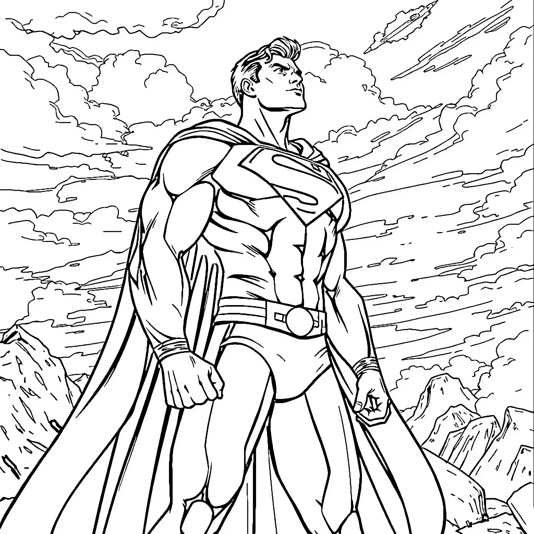 Superman soaring through dramatic skies Coloring Page (free black-and-white line drawing printable PDF for all, from beginners to advanced learners, including children, teens, adults, and seniors)