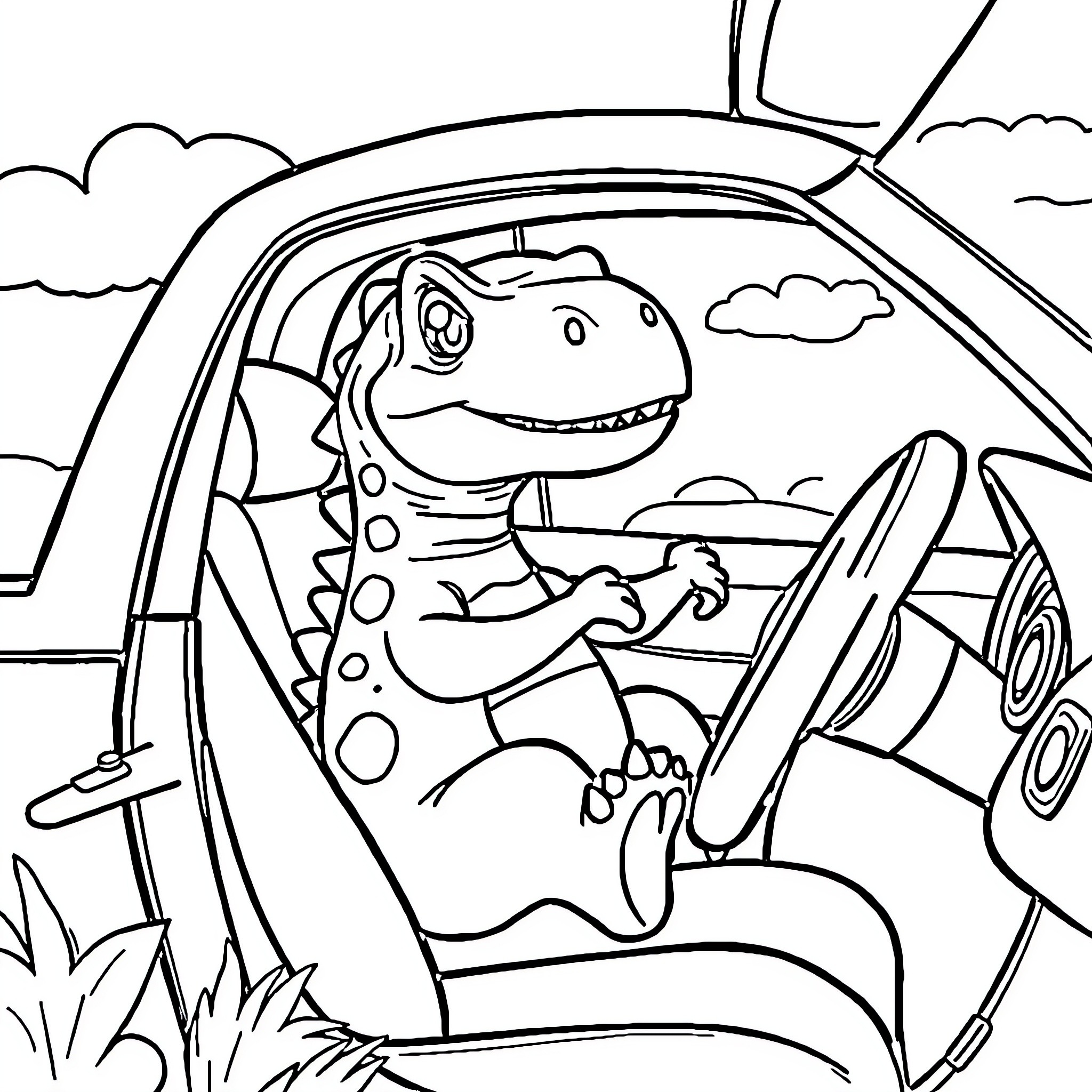Dinosaur driving a car through the countryside Coloring Page (free black-and-white line drawing printable PDF for all, from beginners to advanced learners, including children, teens, adults, and seniors)