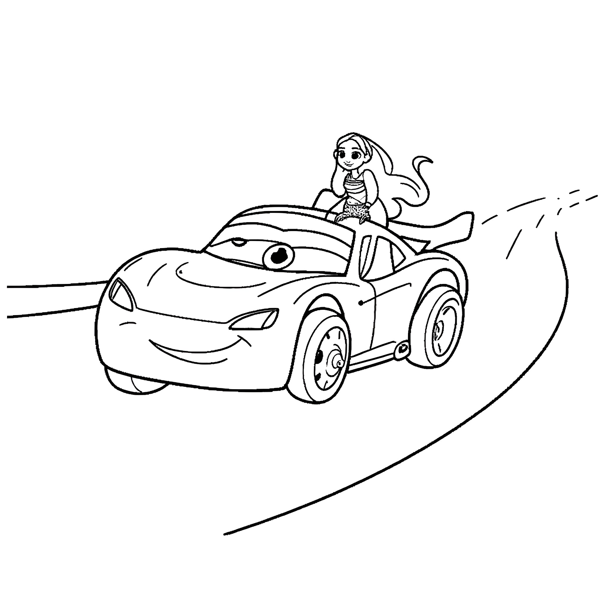 Moana riding a friendly car on the road Coloring Page (free black-and-white line drawing printable PDF for all, from beginners to advanced learners, including children, teens, adults, and seniors)