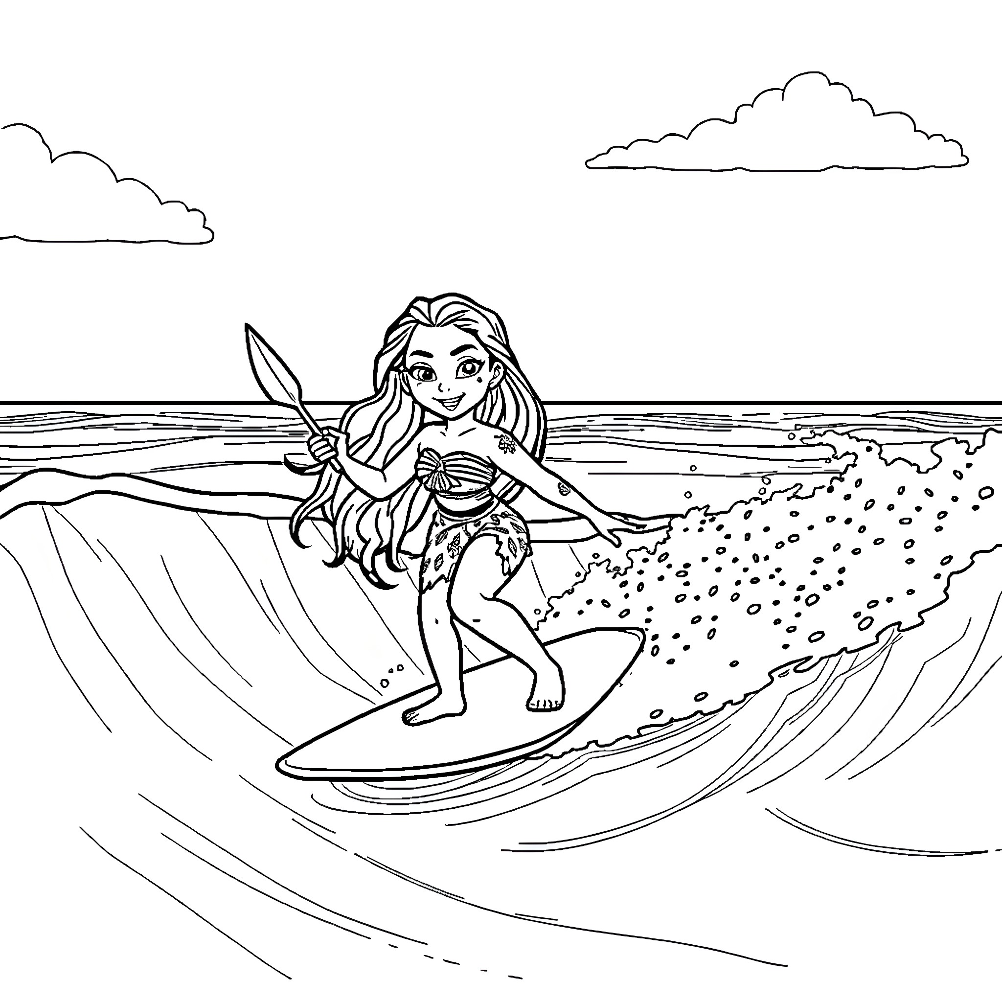 Moana surfing the waves with enthusiasm Coloring Page (free black-and-white line drawing printable PDF for all, from beginners to advanced learners, including children, teens, adults, and seniors)
