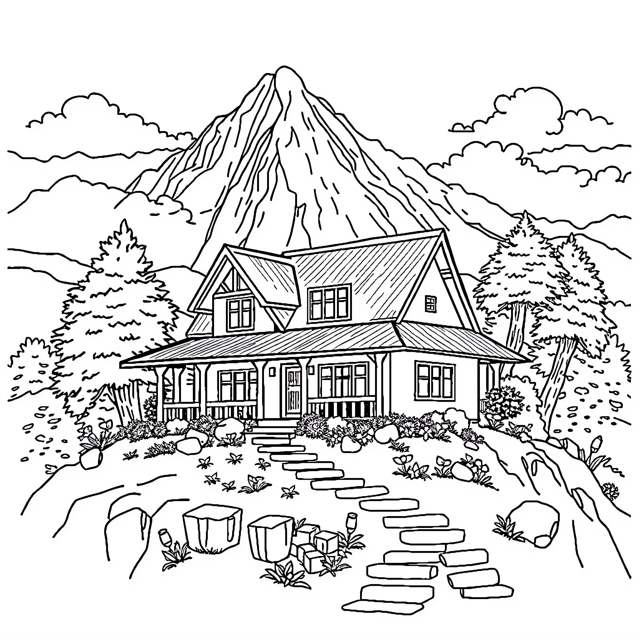 House overlooking a scenic mountain landscape Coloring Page (free black-and-white line drawing printable PDF for all, from beginners to advanced learners, including children, teens, adults, and seniors)