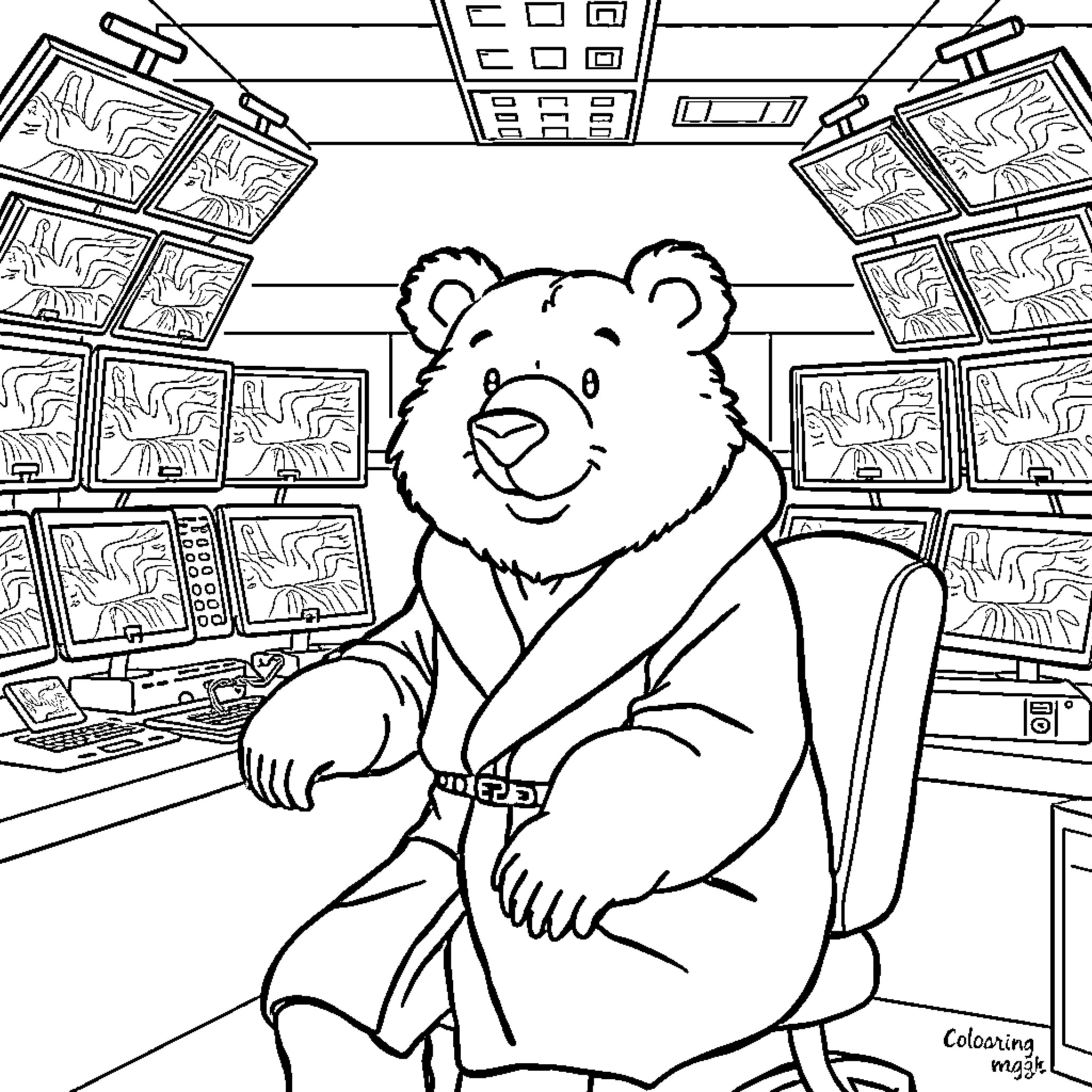 Bear enjoying computer in the office Coloring Page (free black-and-white line drawing printable PDF for all, from beginners to advanced learners, including children, teens, adults, and seniors)