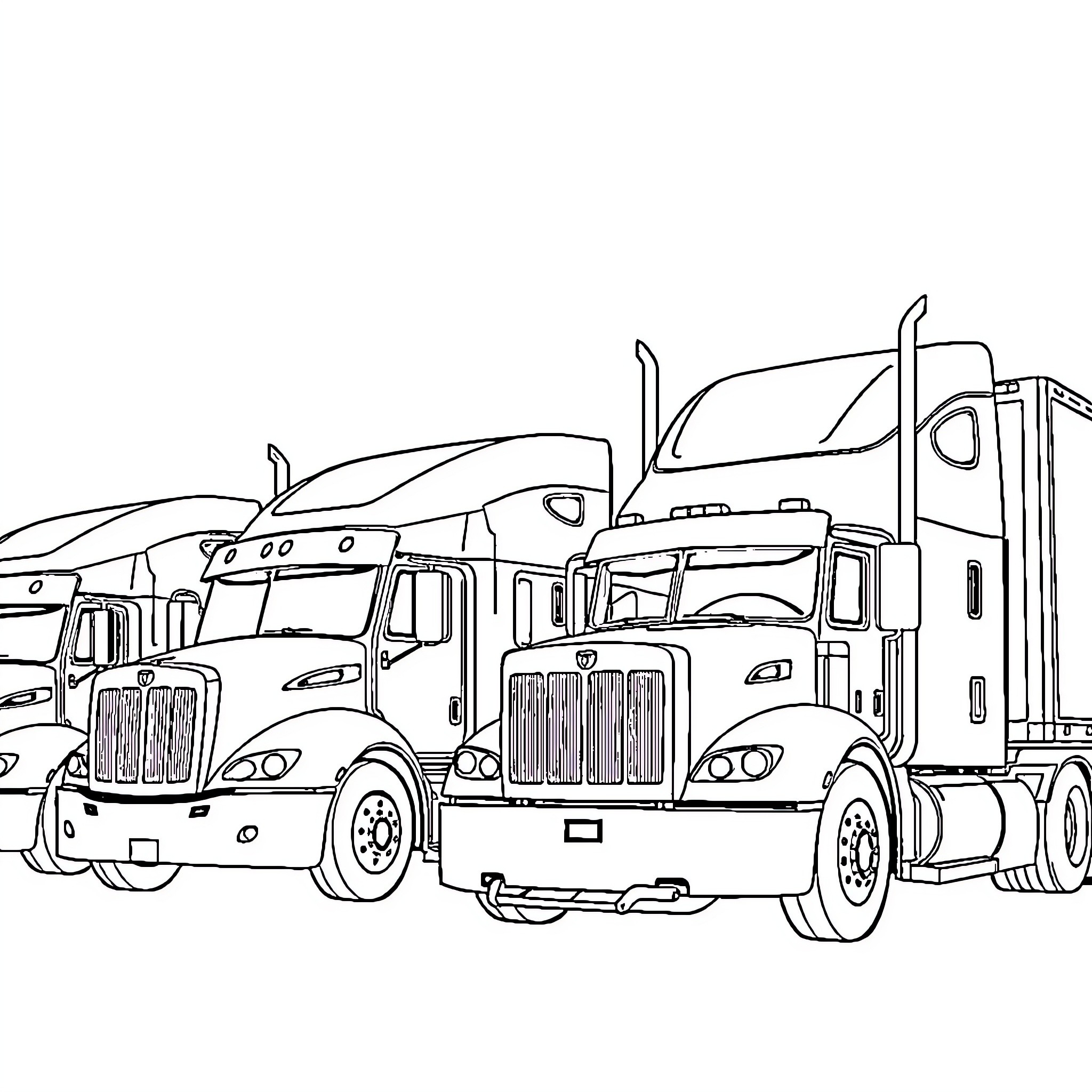 Truck convoy transporting heavy cargo Coloring Page (free black-and-white line drawing printable PDF for all, from beginners to advanced learners, including children, teens, adults, and seniors)