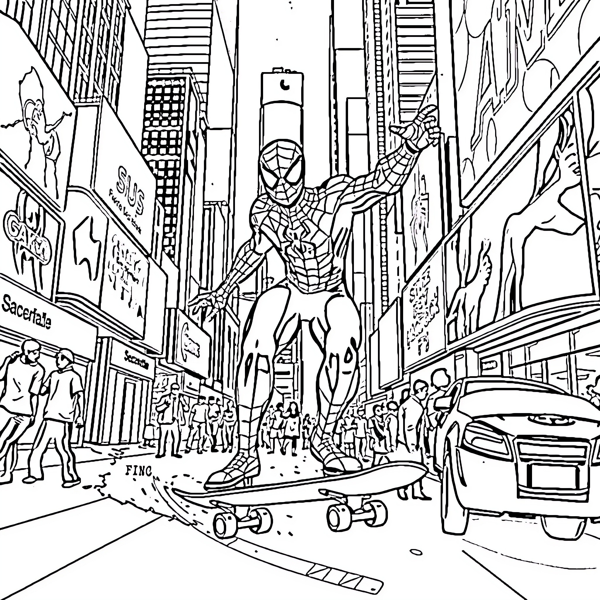 Spiderman swinging through the busy city streets Coloring Page (free black-and-white line drawing printable PDF for all, from beginners to advanced learners, including children, teens, adults, and seniors)