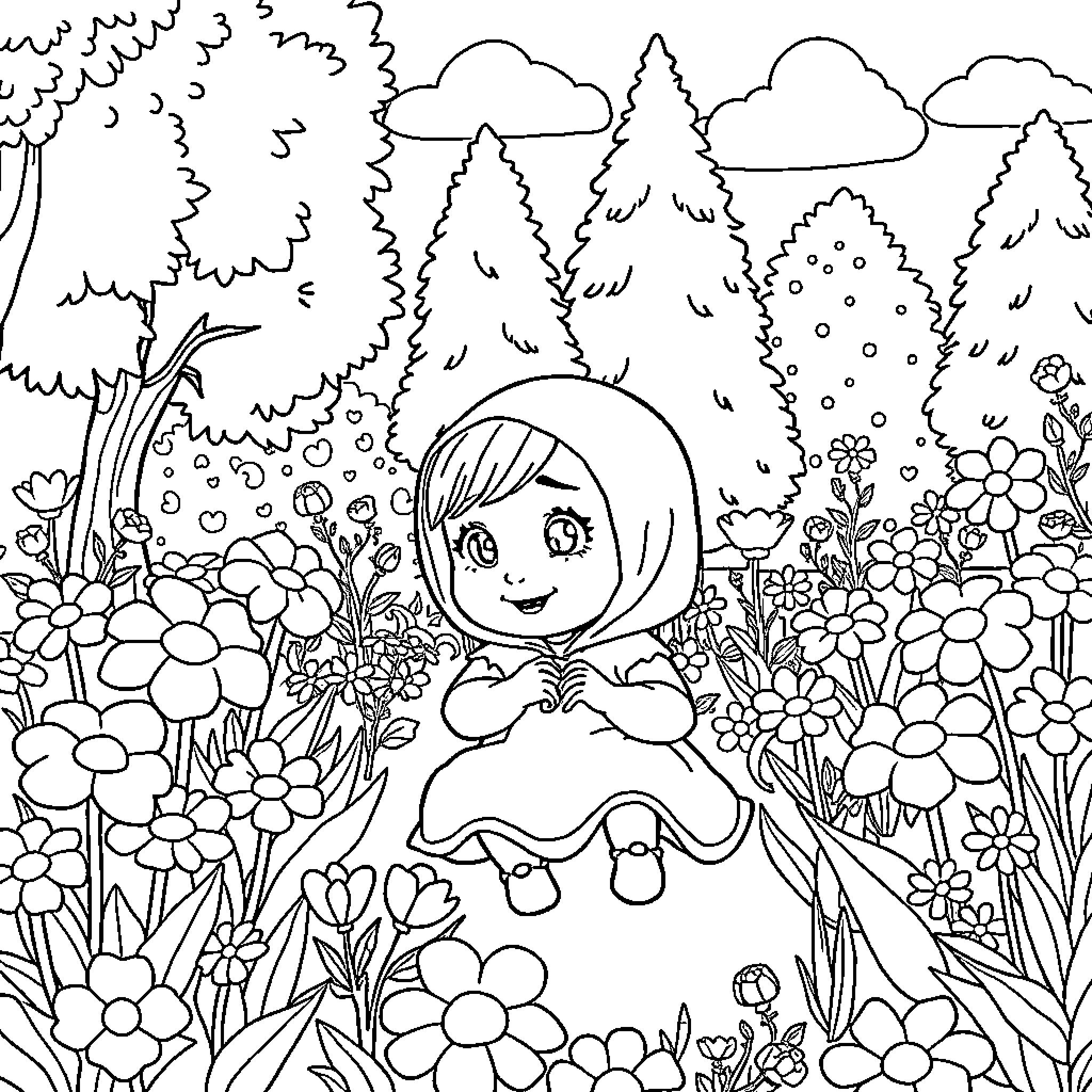 Masha Explores the Enchanting Forest Coloring Page (free black-and-white line drawing printable PDF for all, from beginners to advanced learners, including children, teens, adults, and seniors)