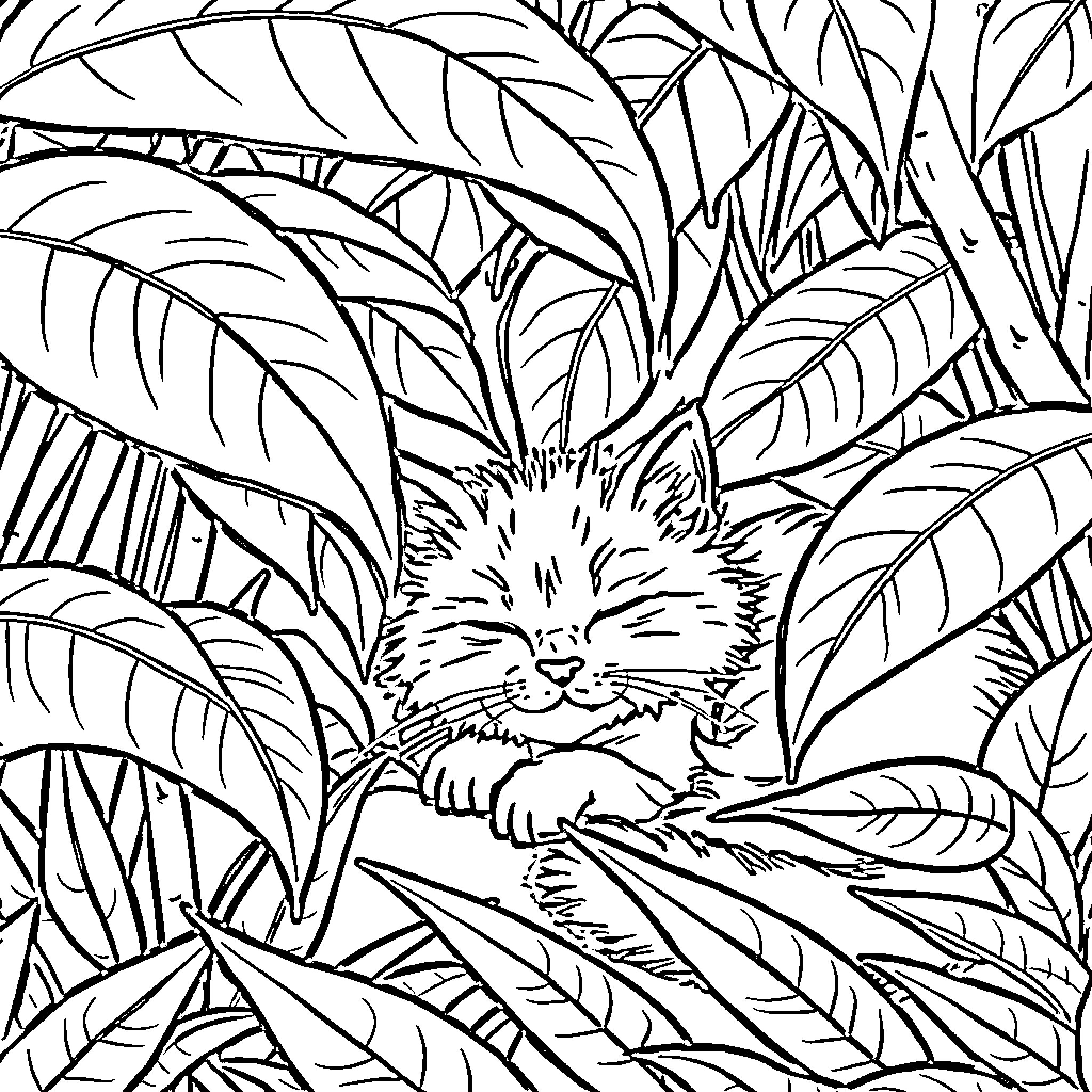 Cat nestled in lush tropical foliage Coloring Page (free black-and-white line drawing printable PDF for all, from beginners to advanced learners, including children, teens, adults, and seniors)