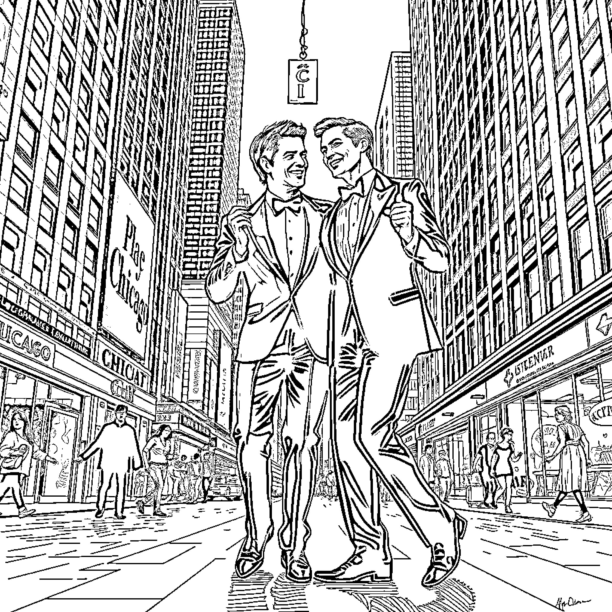 Tom Cruise walking confidently through Times Square Coloring Page (free black-and-white line drawing printable PDF for all, from beginners to advanced learners, including children, teens, adults, and seniors)